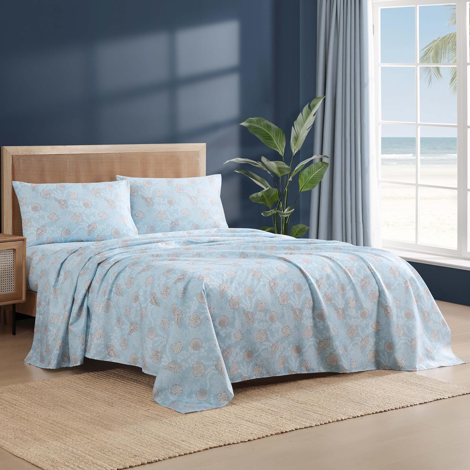 Caribbean Joe Coastal Print Microfiber Sheet Set, Soft, Comfy, 12" Deep Pockets, King, Lacey Shells
