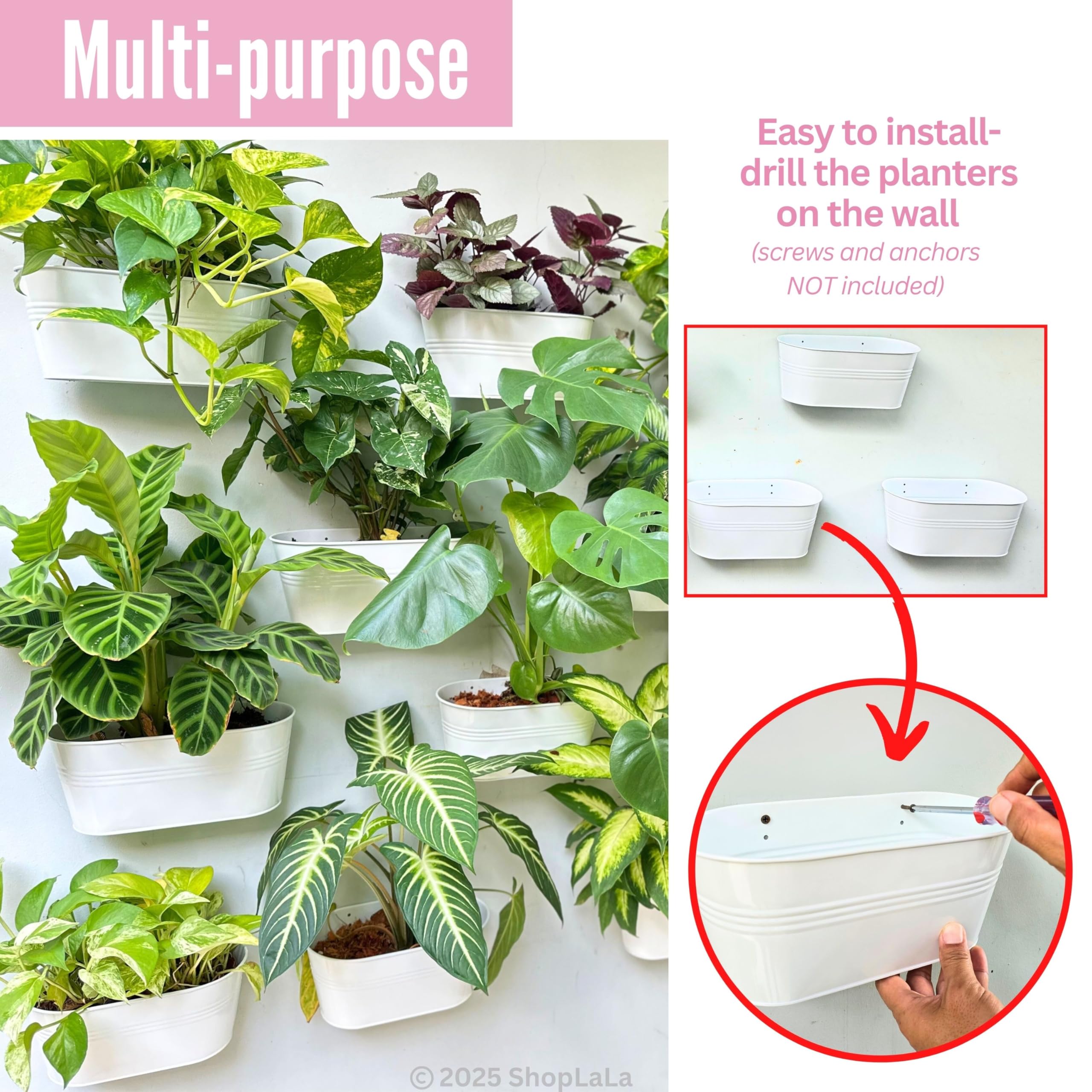 LaLaGreen - Maceta de riel para exteriores (paquete de 6 unidades, 11.8 pulgadas), macetas colgantes de hierro de metal blanco, barandillas de terraza, cubos de valla, estilo moderno, campo, estilo 8