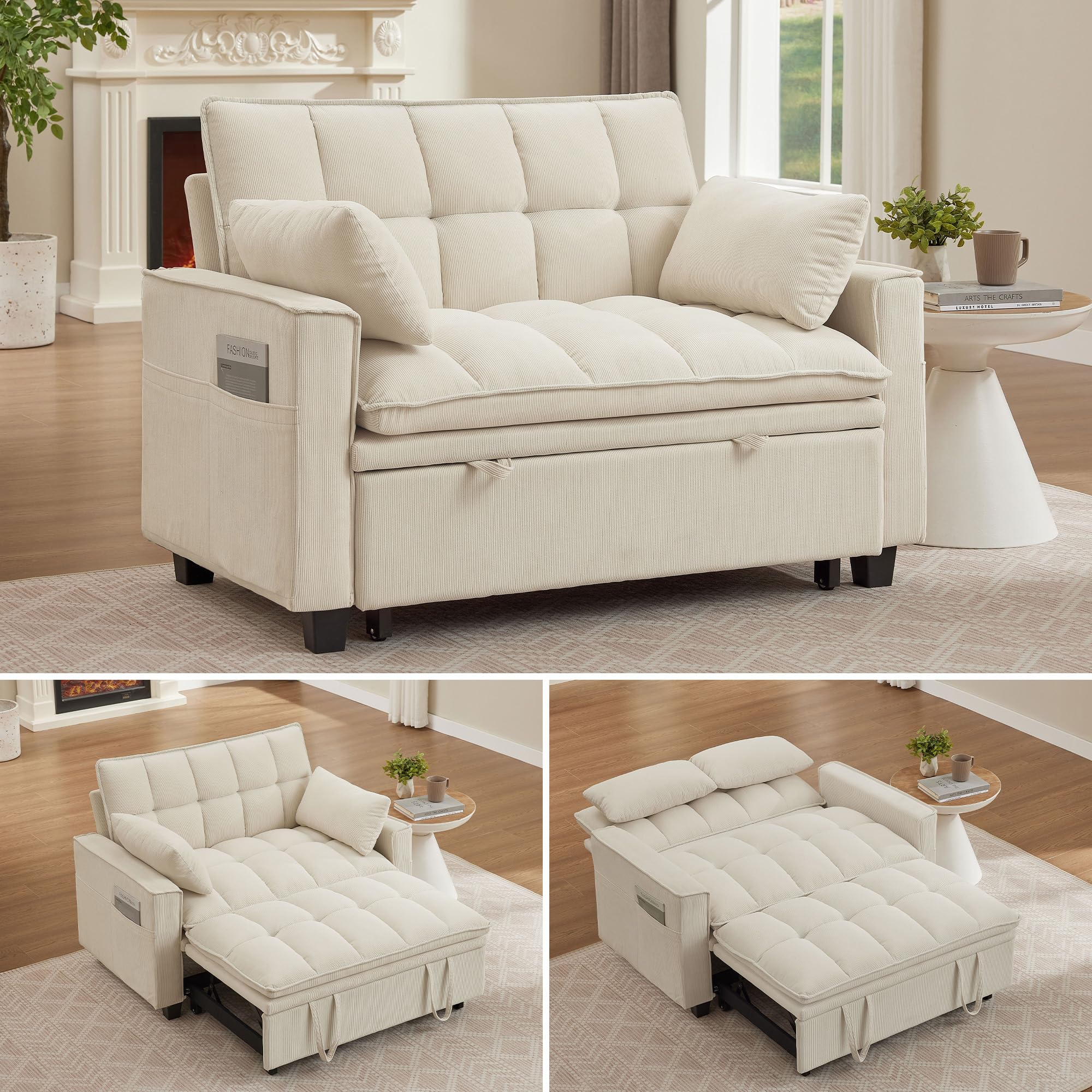 48'' 3-in-1 Folding Convertible Sofa Bed, Pull Out Couch Bed with Adjustable Backrest, Modern Corduroy Fabric, Easy Assembly, Perfect for Living Room, Office, Small Space (Beige)