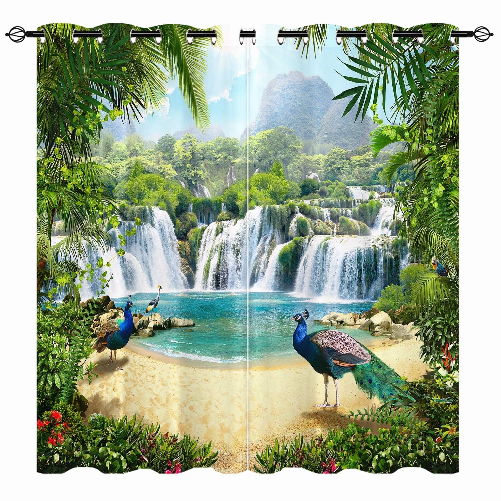 YUANZU Nature Curtains - Forest Peacock Wild Parrot Bird Jungle Waterfall Scene Print Pattern Eyelet Blackout Thermal Room Darkening Window Drapes for Bedroom Living Room 2 Panels W229cm x D183cm — image 1
