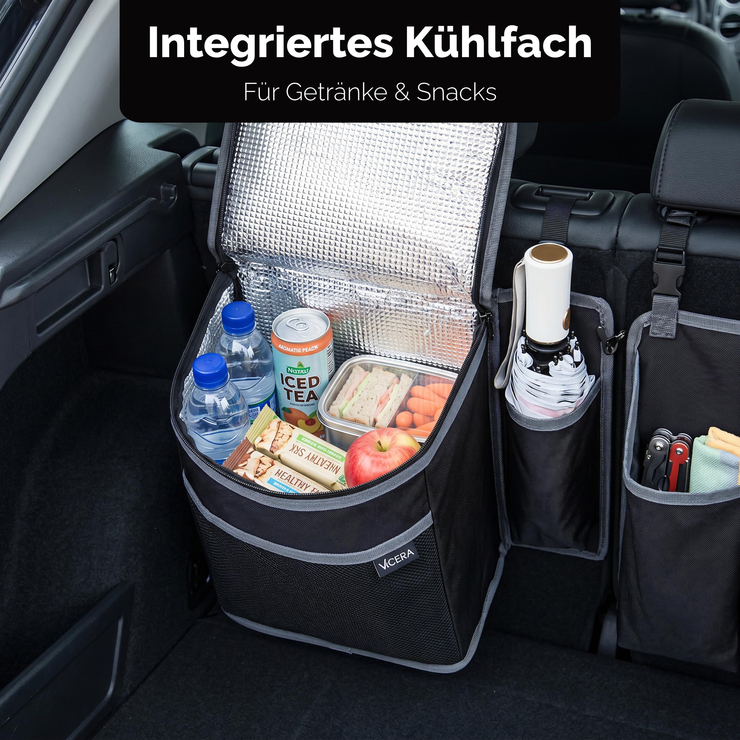Vicera Auto Kofferraum Organizer mit Klett • Kofferraumtasche Auto mit teilbaren Modulen - Auto Organizer Kofferraum mit integrierter Kühltasche • Autoorganizer für Aufbewahren & Verstauen