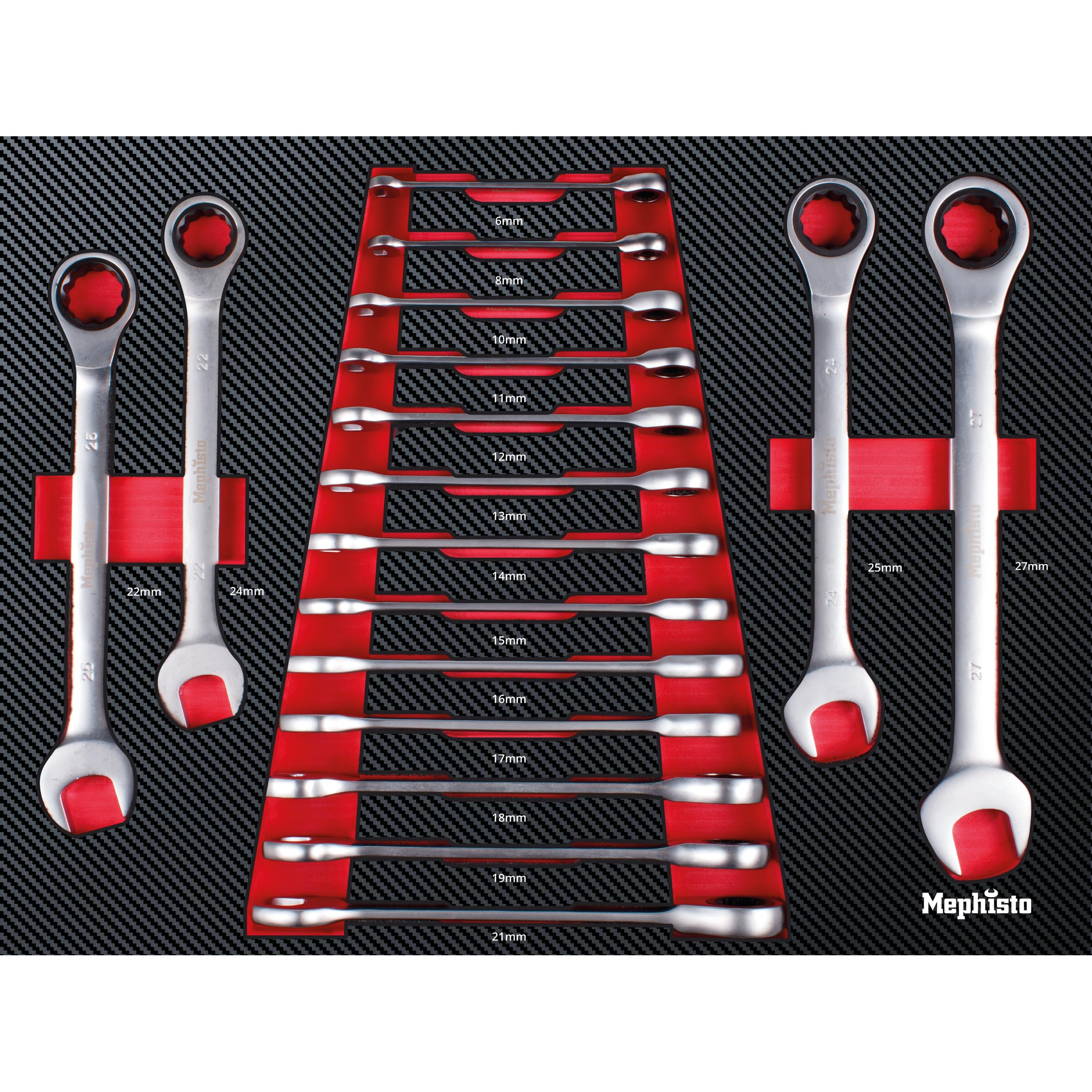 Mephisto 7 insertos con herramientas como juego de carraca, llave combinada de carraca, llave de estrella con función de carraca, llave de carraca, métrica, en inserciones suaves en bloqueo de
