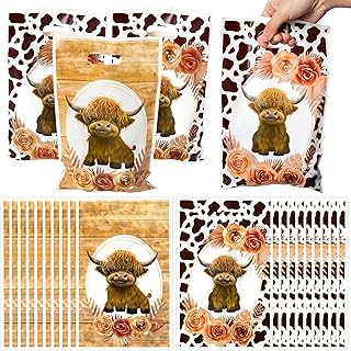 50Pcs Highland Cow Party Favor Bags Highland Cattle Party Bag Brown Cow Print Sweet Goody Candy Treat Bag Cow Theme Party Decoration Plastic Gift Bag Birthday Snack Bag for Kid Birthday Party Supplies