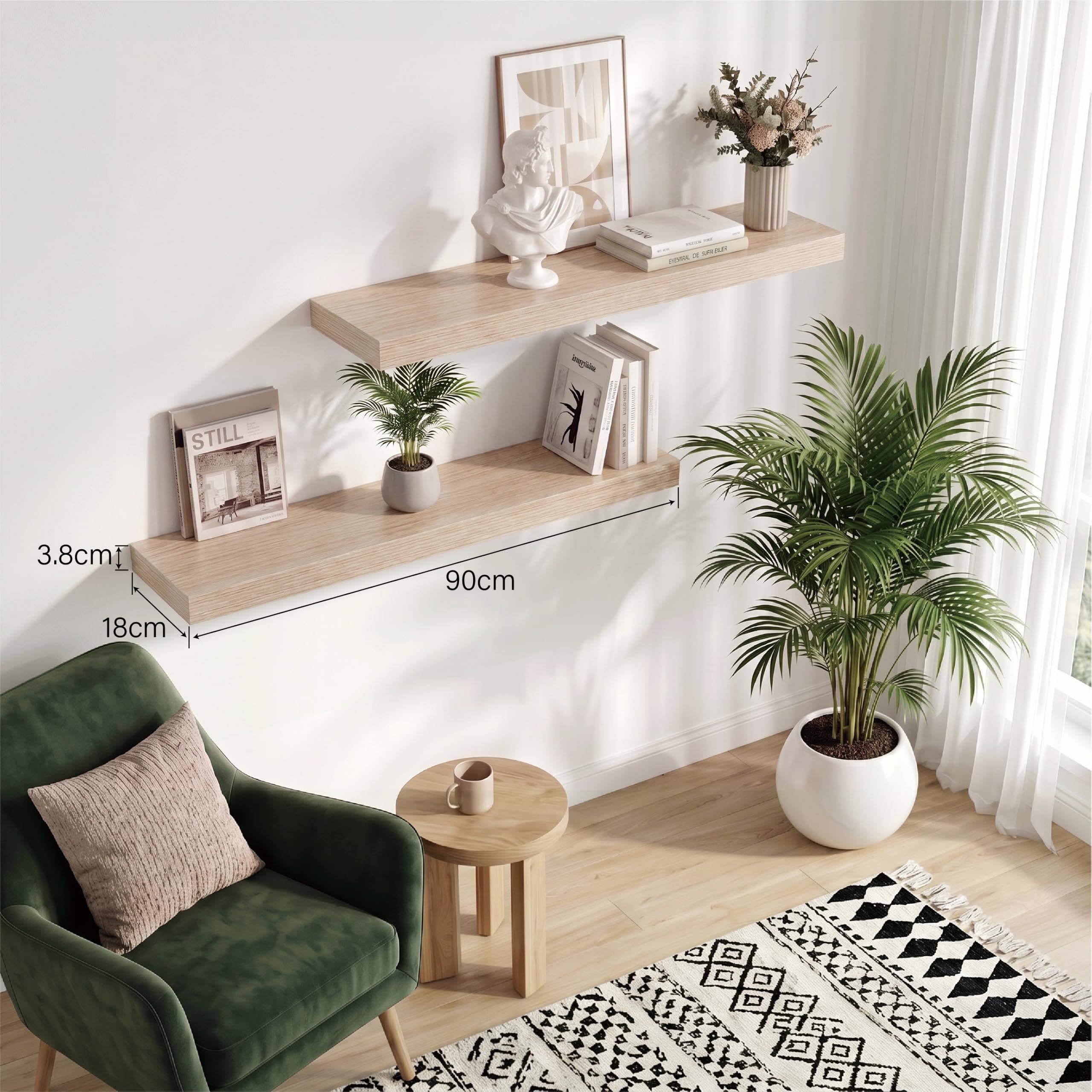 Wandregal Eiche 90 cm, 2er Set Schweberegal mit unsichtbarer Halterung, modernes Wandboard für Bücher, Bilder & Deko, Hängeregal für Wohnzimmer Küche Bad Kinderzimmer
