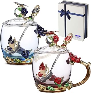 BrewToATea Floral Glass Tea Cups with Lids & Spoons Set of 2, 11oz Blue Red Butterfly Rose Design, Dishwasher Safe Gift Box