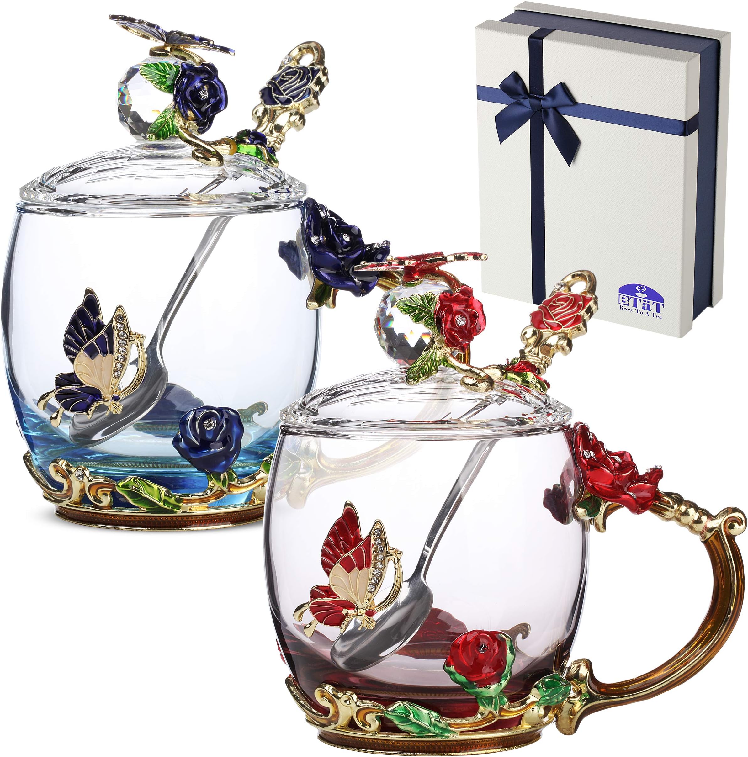 BTaT- Floral Glass Tea Cups with Lids & Spoon Set, Pack of 2, 11 oz, Blue & Red, Flower Design with Gift Box, Fancy Tea Cups, Dishwasher Safe, Mothers Day Gift