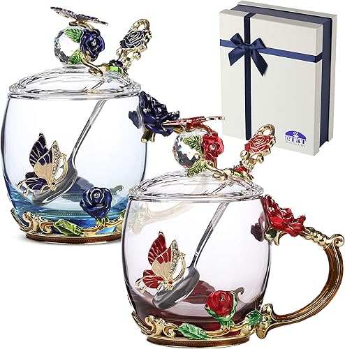 BTaT- Juego de tazas de té de vidrio floral con tapas y cuchara, paquete de 2, 11 onzas, azul y rojo, diseño de flores con caja de regalo, tazas de