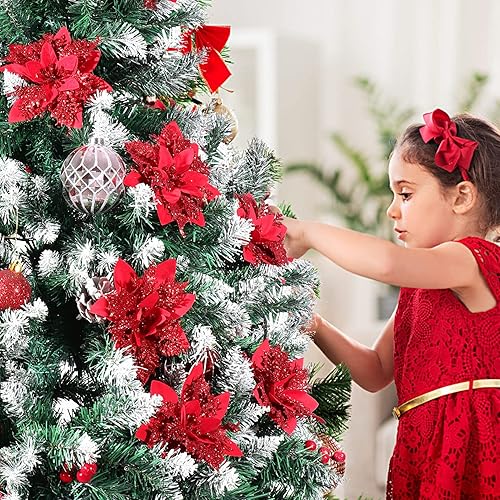 Miniatura 8 de Toyvian Flores de pascua artificiales con purpurina navideña, 12 adornos de flores para árbol de Navidad, decoración de fiesta de Navidad con 12