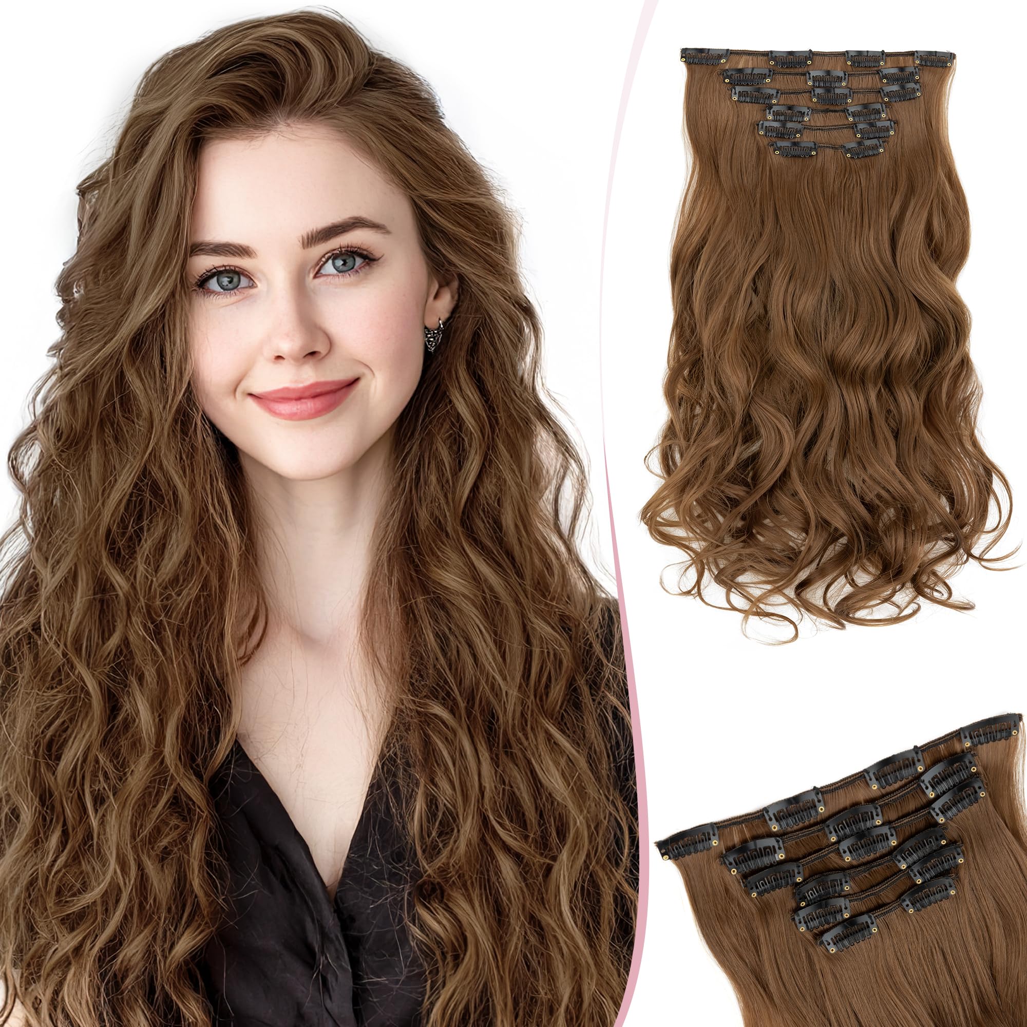 SEGO Clip In Hair Extensions 22 Inch 6PCS Thick Clip In Hair Hairpieces 150g Long Wavy Hair Extension Synthetic Full Head for Women Light Brown