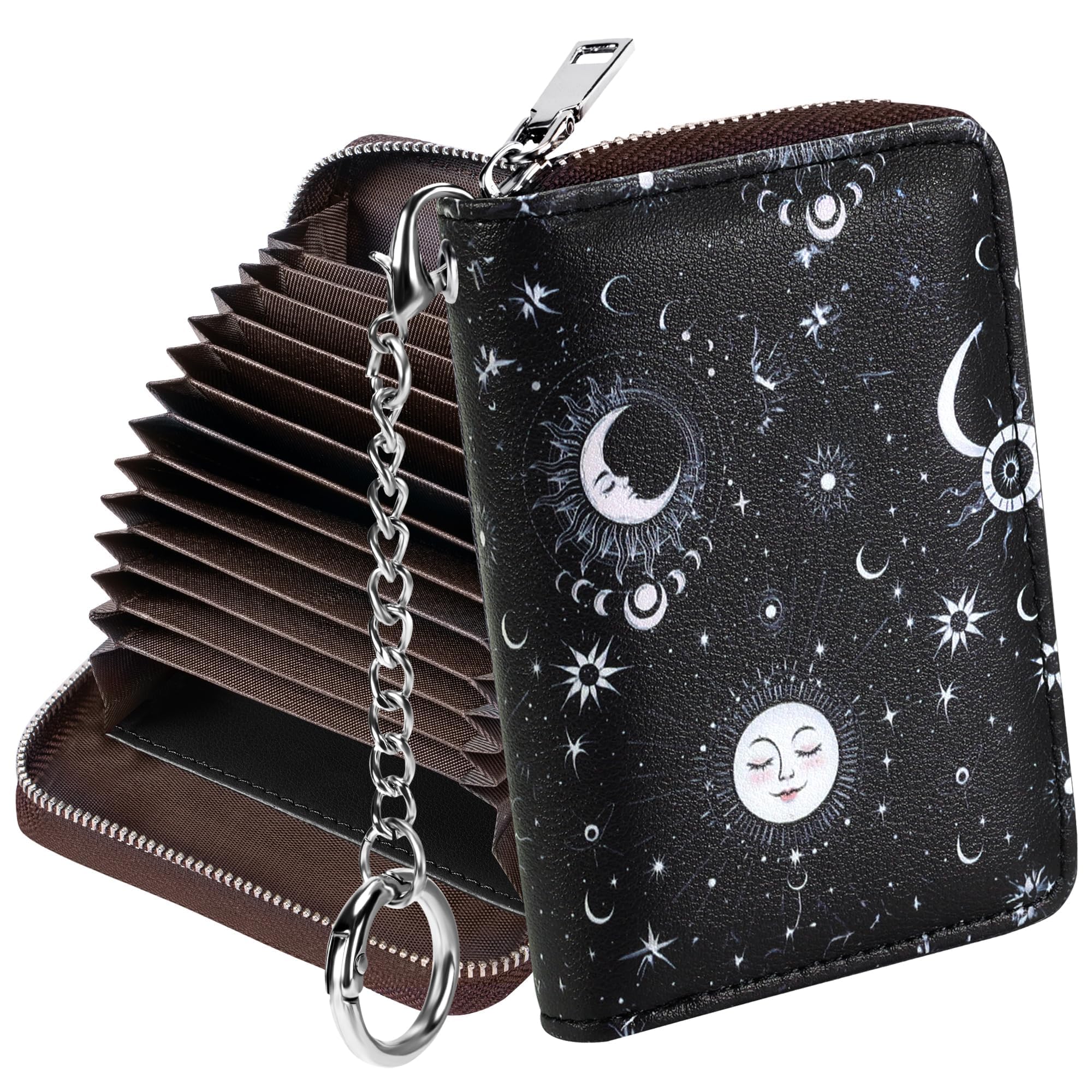Mayski Credit Card Holder, Zipper Credit Card Wallet for Women, Small Accordion Card Cases Holder, KeyChain Wallet, Business Card Holder, Sun Moon