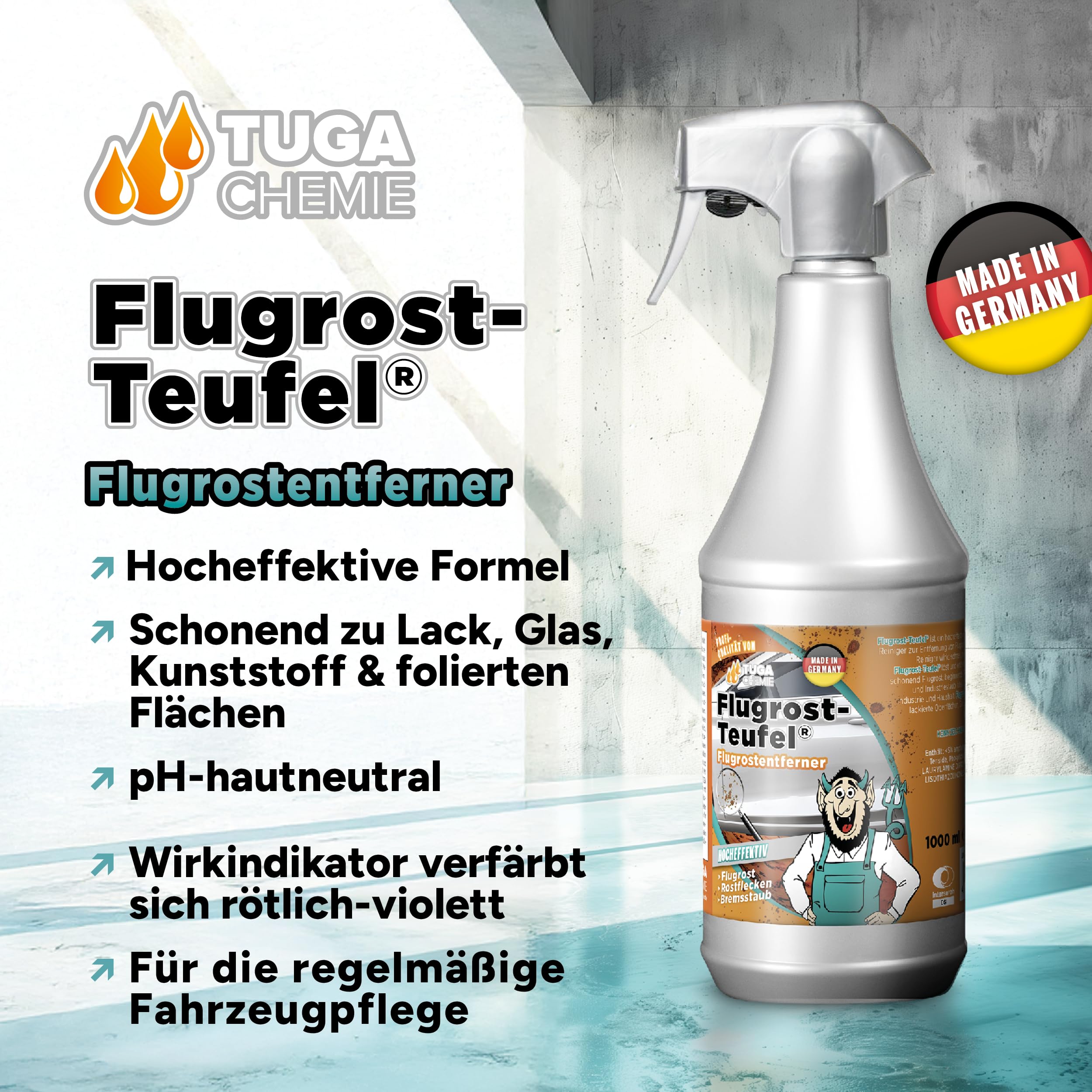 TUGA Chemie Flugrost-Teufel Flugrostentferner pH hautneutral, 5 L Kanister | für Lack, Chrom & Felgen, pH-hautneutral, mit Wirkindikator, Made in Germany