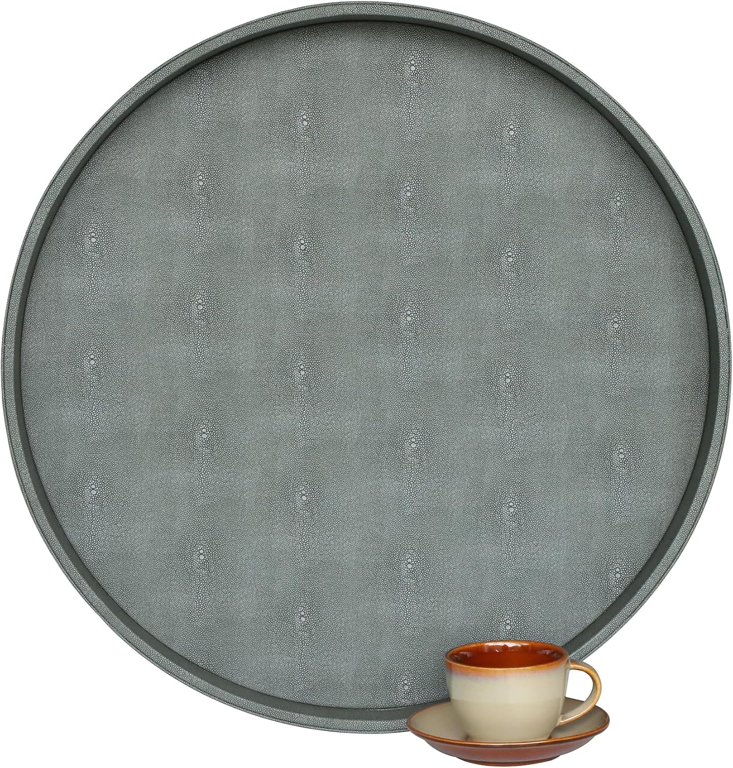 hofferruffer extra large round serving tray 24'', elegant oversized faux leather circle ottoman table tray, serve tea coffee breakfast in bedroom living room kitchen (grey)