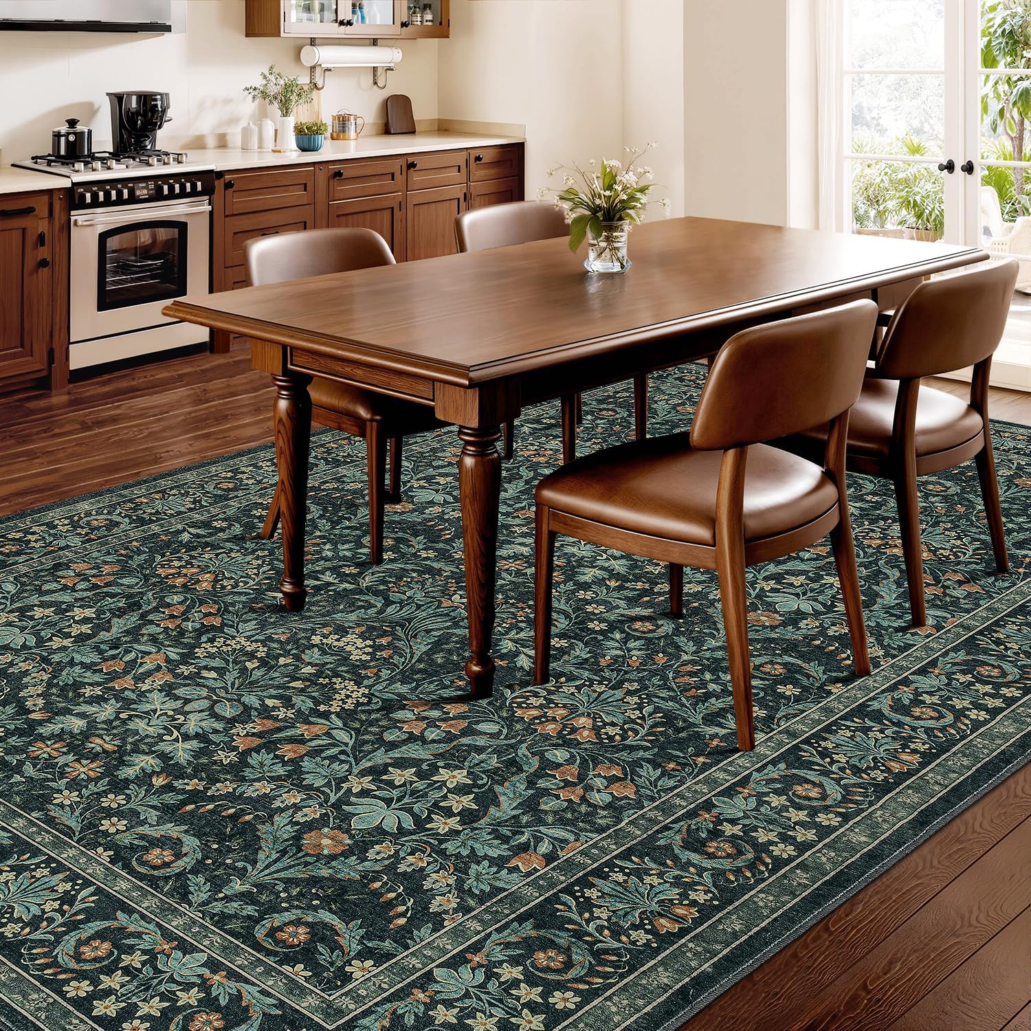 Woaboy Washable 5x8 Area Rug for Living Room Bedroom Dining Room Office, Non-Slip Low Pile Stain Resistant Soft Carpet for Vintage Floral Oriental Home Decor Dark Green/Navy/Black
