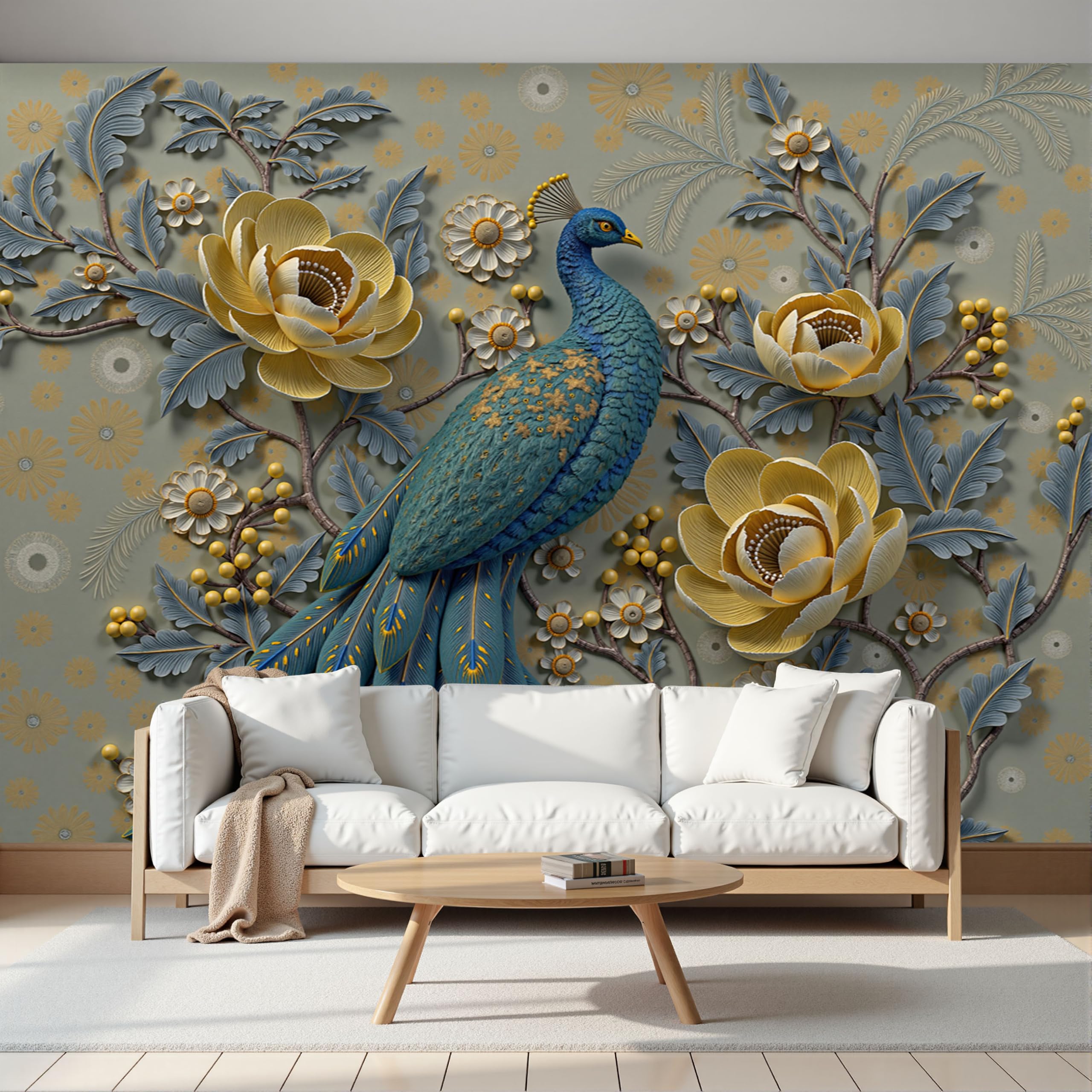 Papier Peint Intissé Pivoine Orientale Jaune et Vert Déco Murale Salon 350X256