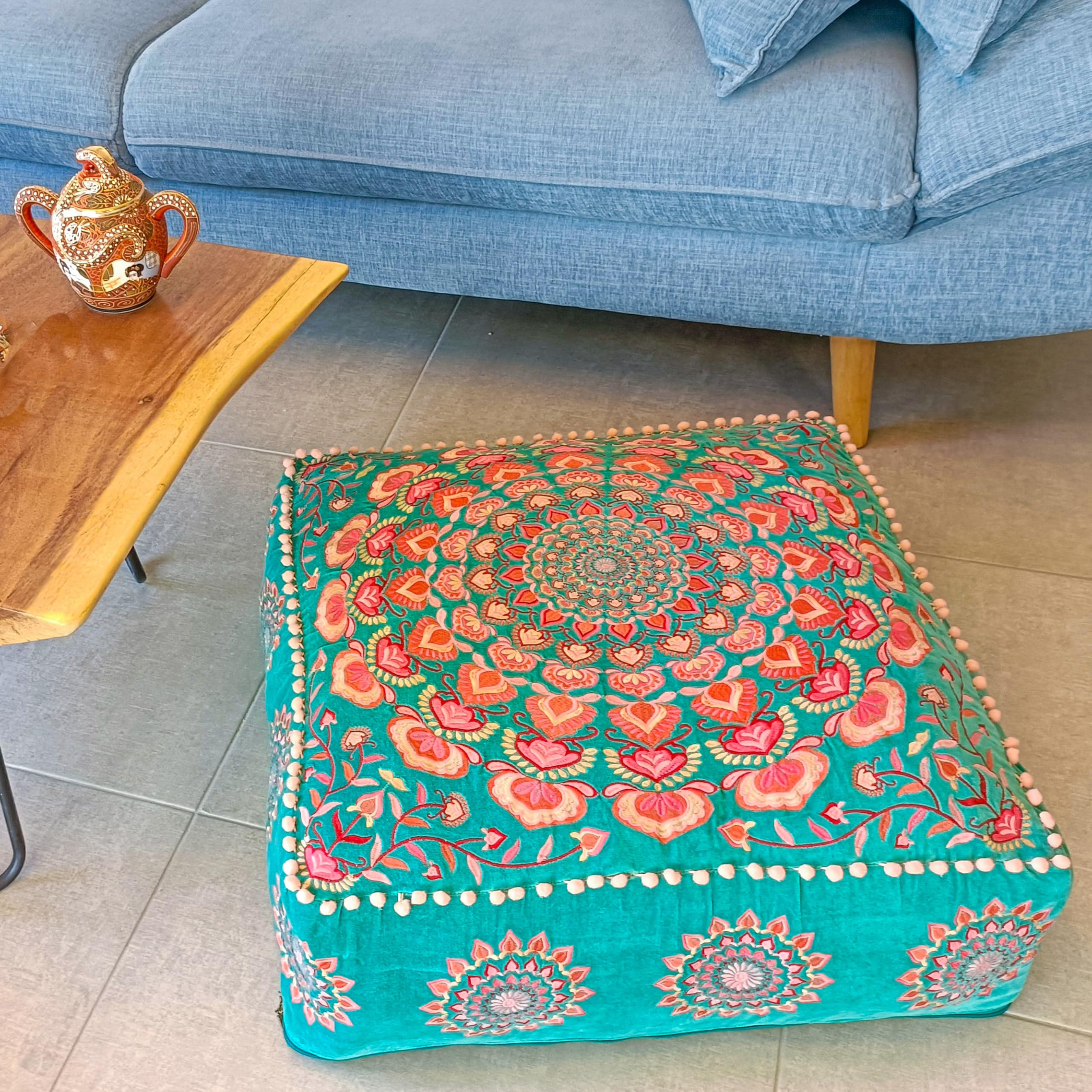 Grün Runder Pouf Ottomane Mit Samt Stickerei – W Produktbild-Vorschau 2