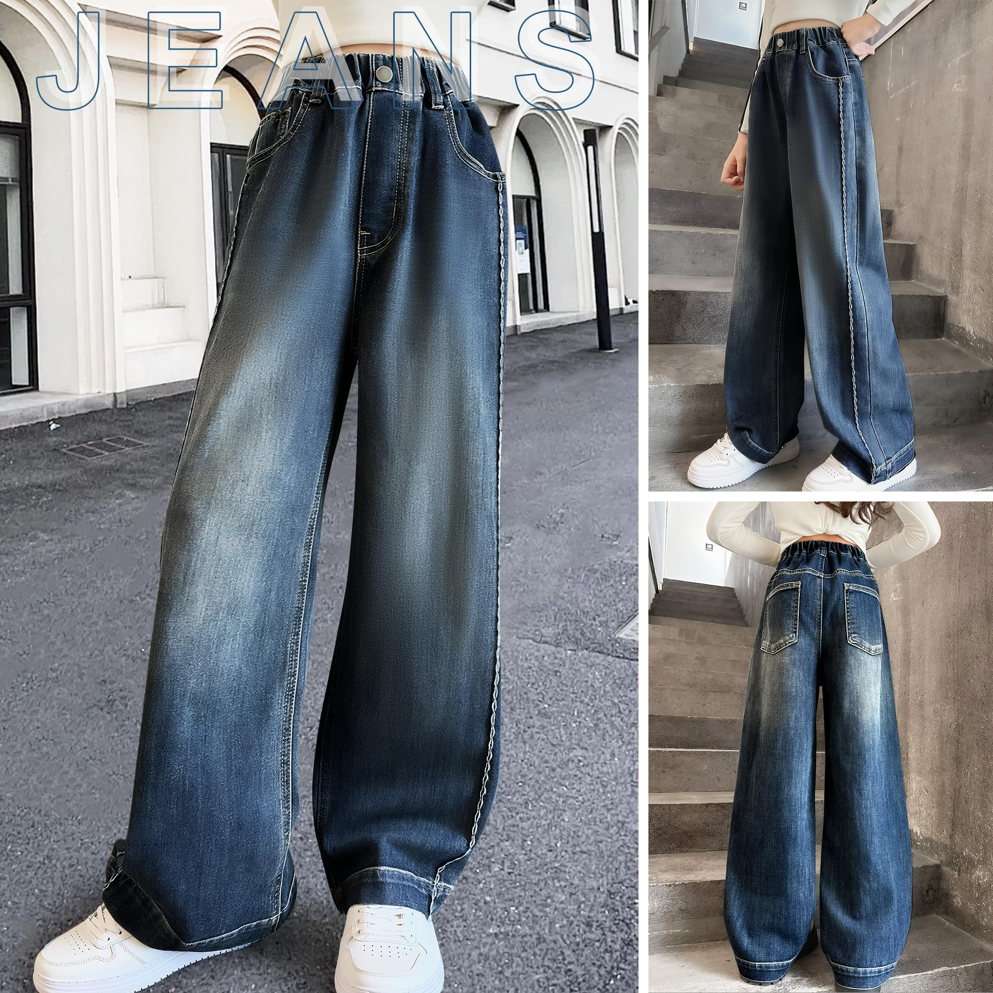 Vaqueros para Niñas, Baggy Cintura Elasticos Denim Jeans Pierna Anchos Pantalones Largo con Bolsillos Cómodo Casual Loose Moda Streetwear Infantil Ropa para 7-14 años