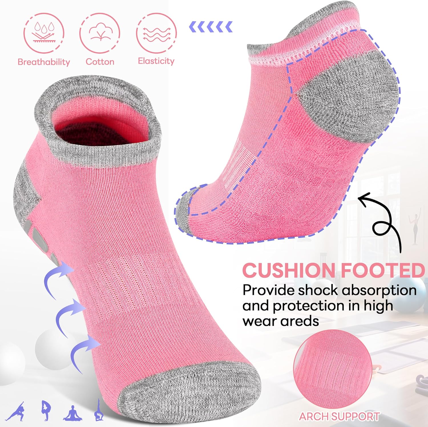 ELUTONG Women's Non Slip Yoga Socks with Grip 4 Pack Anti-Skid Workout Sock for Pilates, Barre, Home,Hospital - Image 4