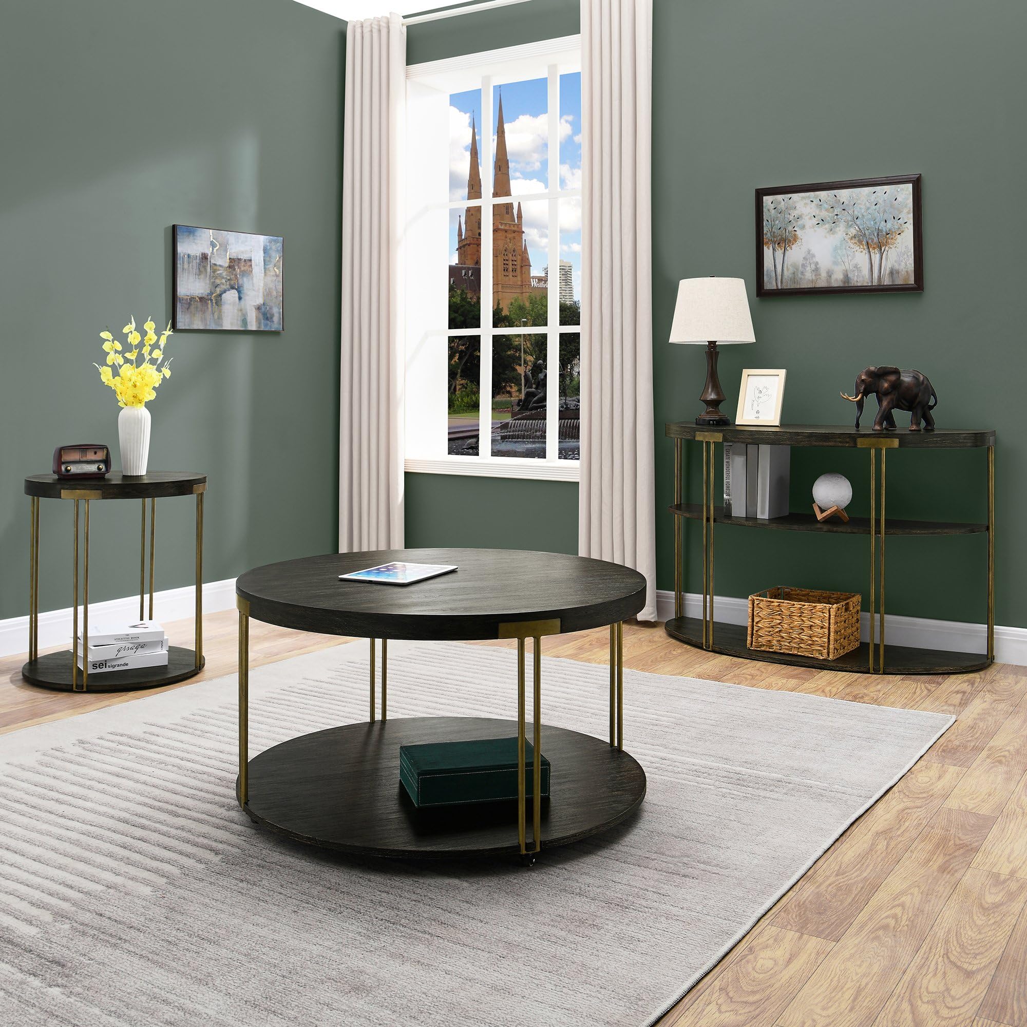 Biaco Modern Industrial Coffee Table Set of 3 - Living Room Furniture Set with Coffee, Side, and Console Tables - Antique Accent, Birch Veneer Texture & Gold Metal Legs, Brushed Black