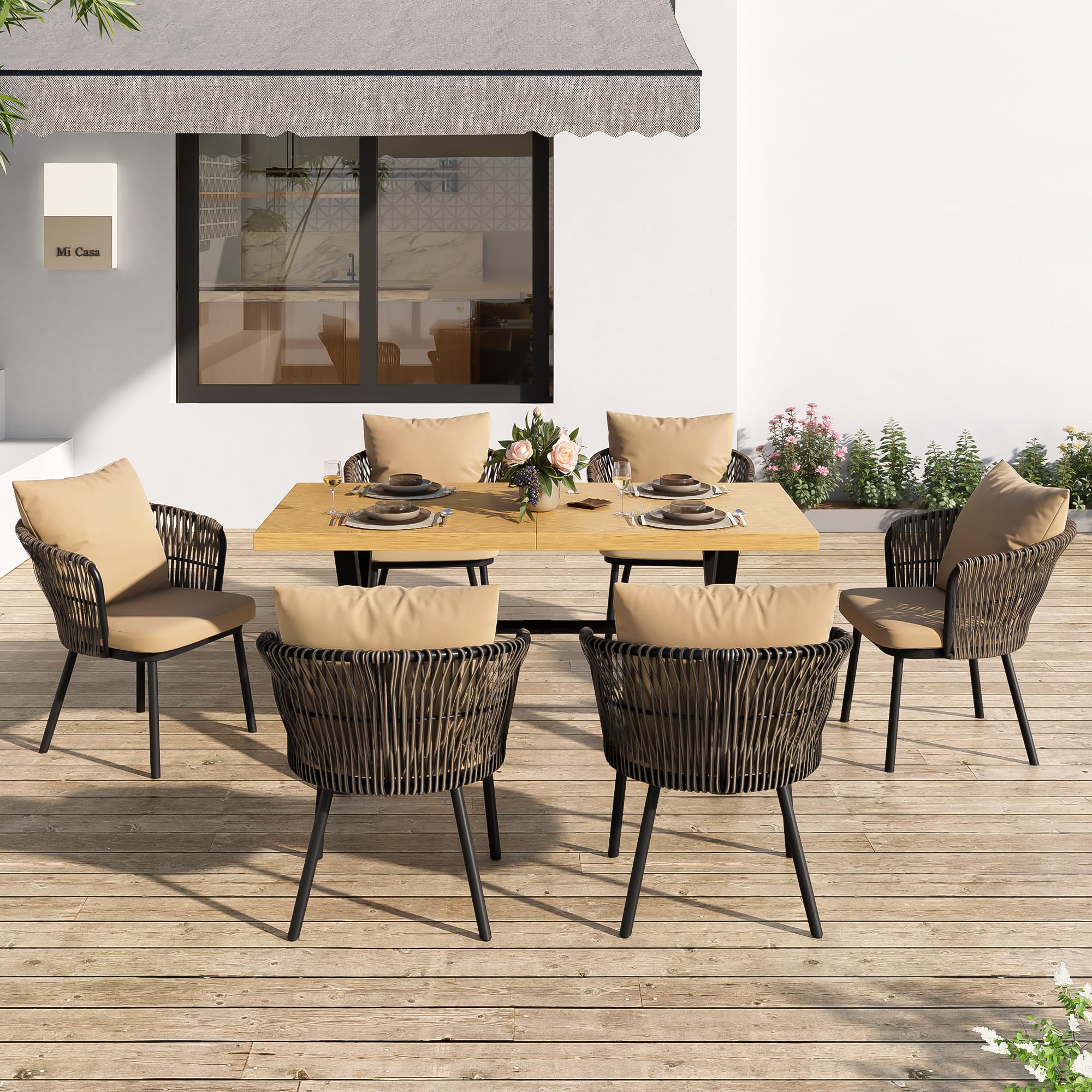 Moderno set da pranzo per esterni, set da giardino in rattan, per il tempo libero e la riunione per più persone, struttura in ferro, intrecciato, cuscino incluso.