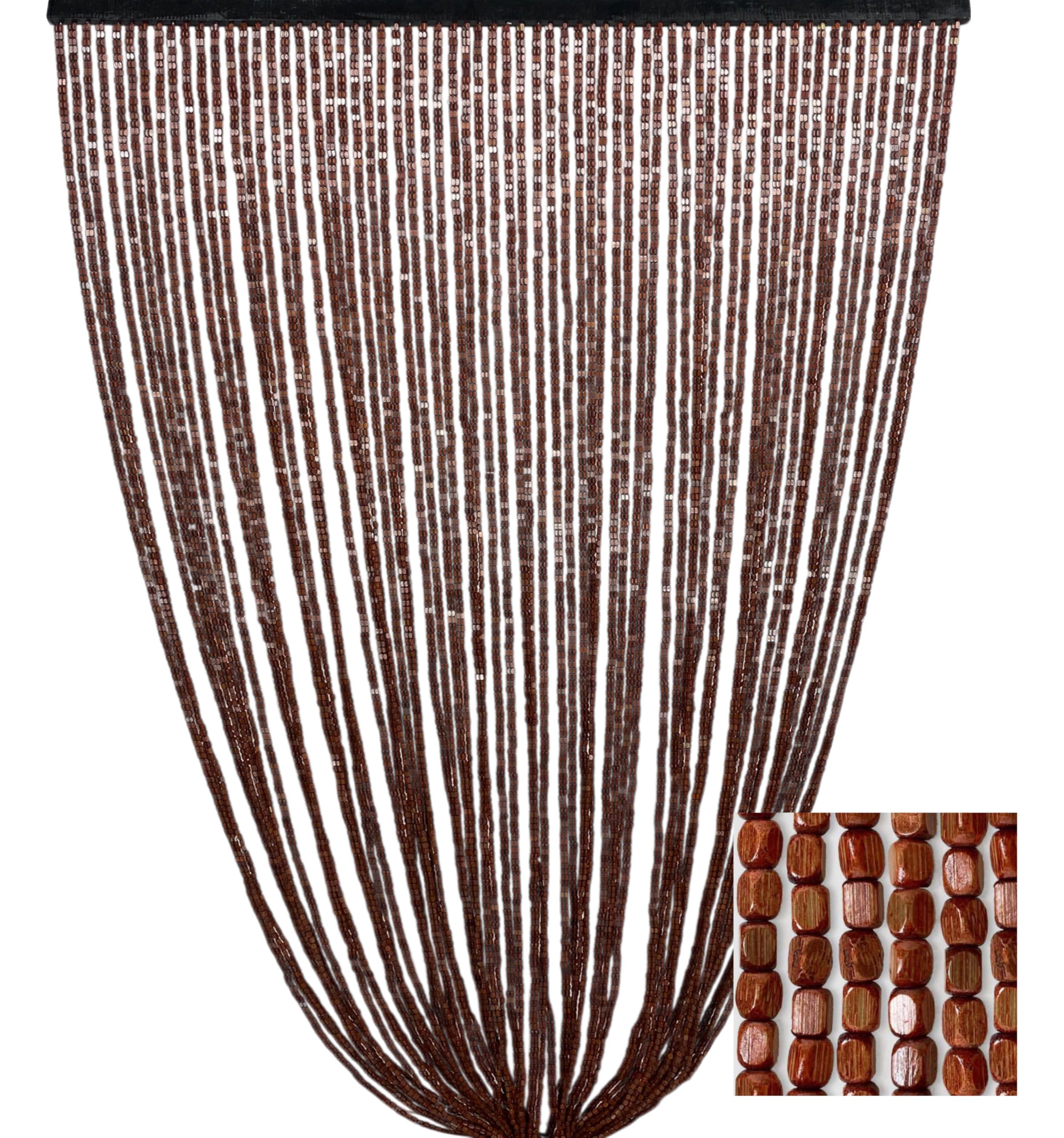 Rideau à perles en bois marron fait à la main Nature – fils bambou 100 % naturel – tige noire – Usage intérieur – Décoration de porte – 100 x 220 cm