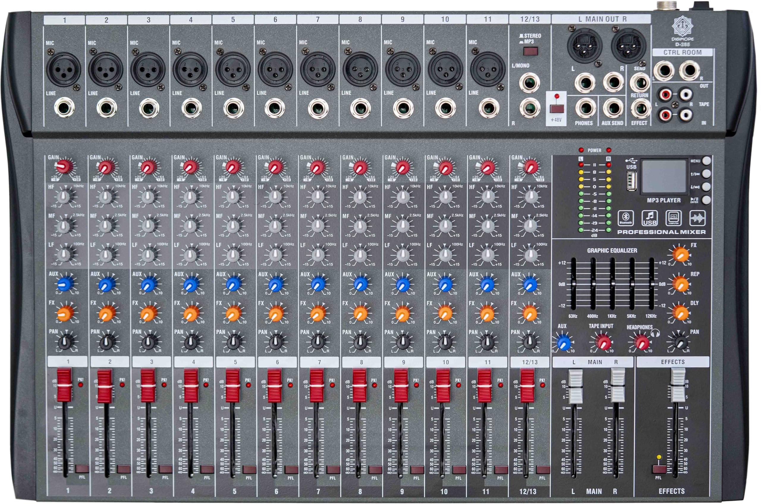 Professional 12 Channel Mixer | 8 XLR + 6.35MM Input Ports | USB MP3 & BT Support | 48V Phantom Power | Delay & Repeat FX | Stereo Output | Control Room, Headphone, Aux, EFF Outs (D-285)