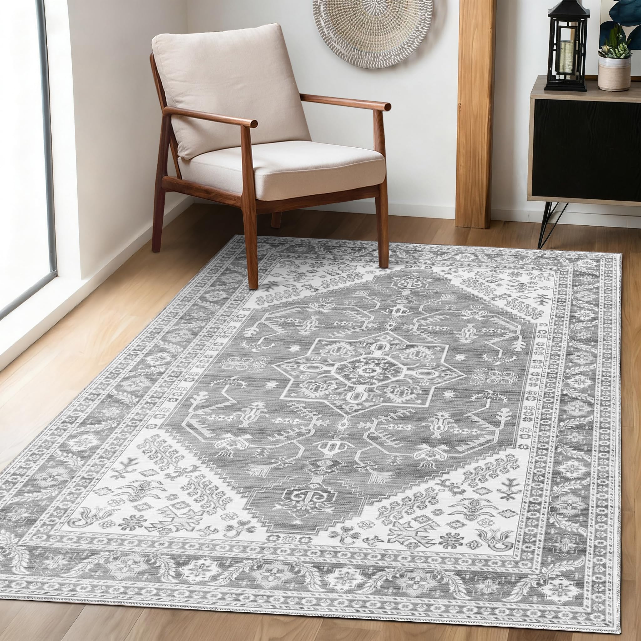 Achiiso Large Rugs for Living Room,140x200cm Non Slip Area Rug, Washable Short Pile Rugs for Bedroom, Kitchen, Hall, Lounge, Office, Dining Room, Indoor Vintage Low Pile Carpet,Light Grey