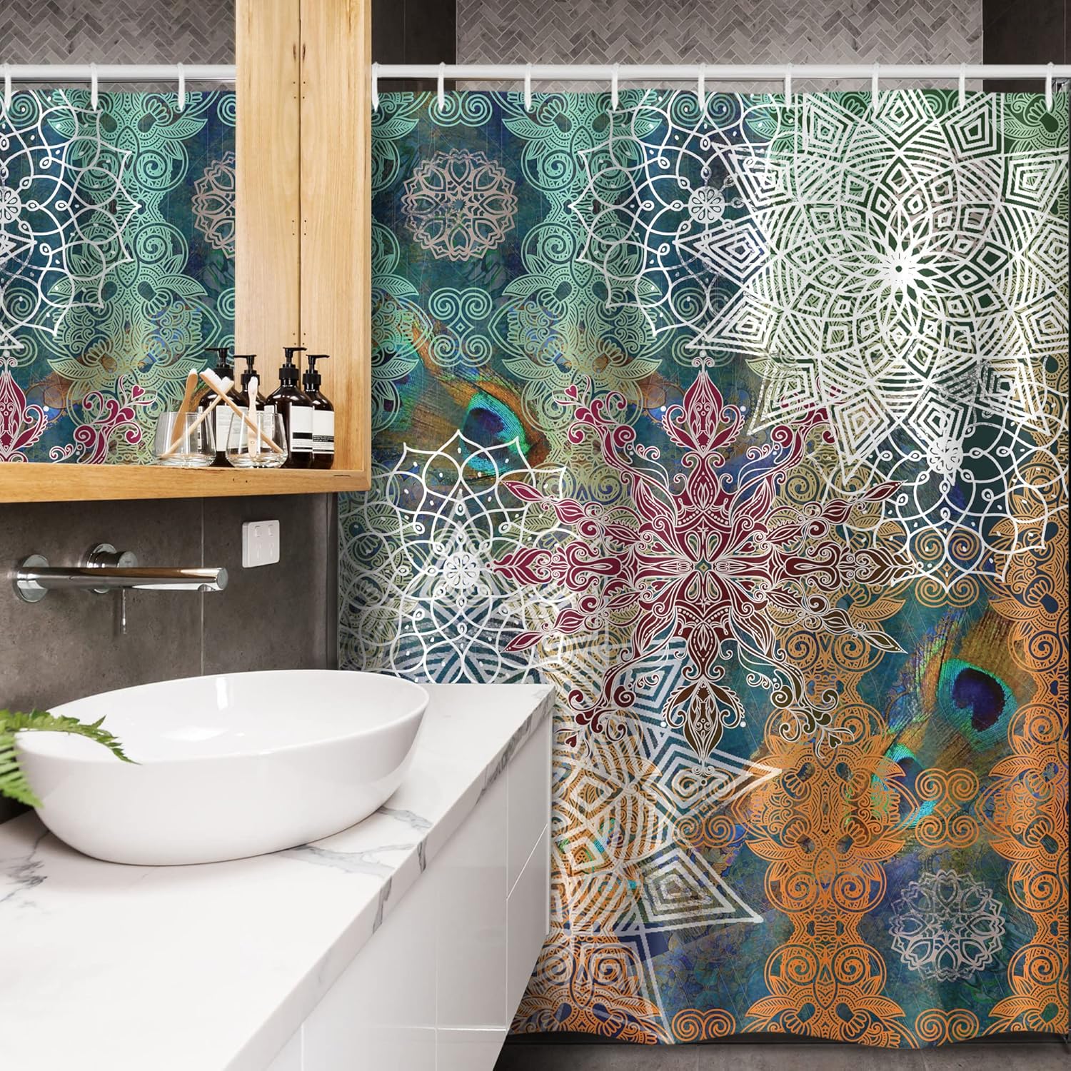 Ambesonne Ethnic Stall Shower Curtain, Vintage Style Oriental Composition with Mandala Flowers and Peacock Feathers, Fabric Bathroom Decor Set with Hooks, 54" W x 78" L, Dark Teal Multicolor