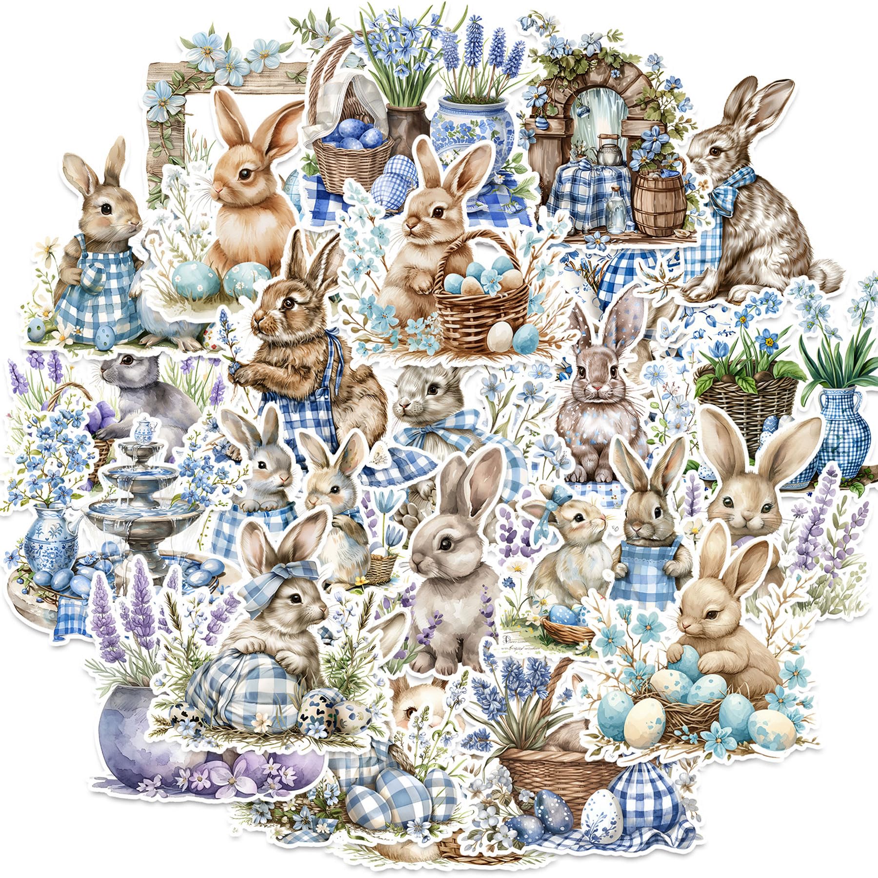 100 Pcs Easter Bunny Stickers - Watercolor Rabbit &amp; Blue Gingham Pattern, 100 Piece Set for Easter Basket Stuffers, Party Favors, Crafts &amp; Spring Decorations