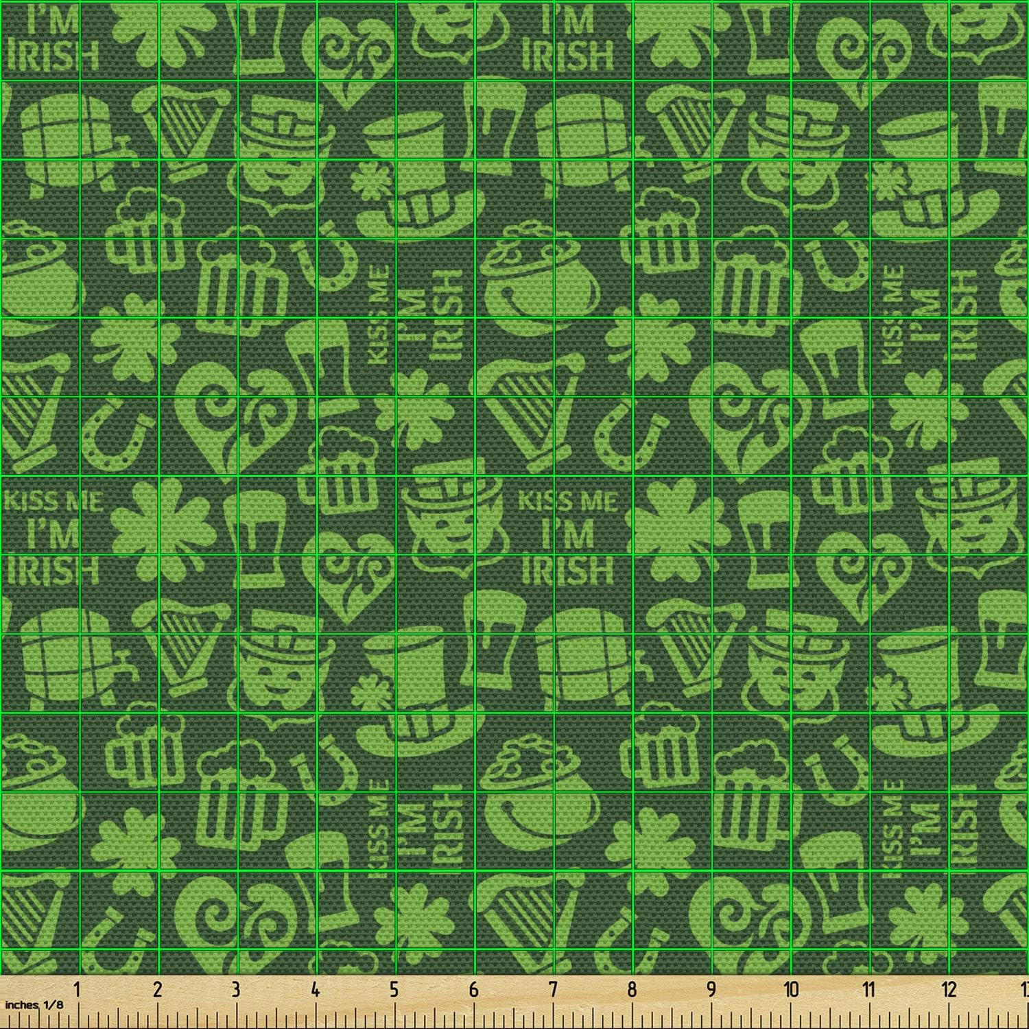 Ambesonne Irish Fabric by The Yard, Kiss Me I'm Irish Humorous Phrase with Ale Shamrocks Hats Traditional, Decorative Fabric for Upholstery and Home Accents, 3 Yards, Lime Green