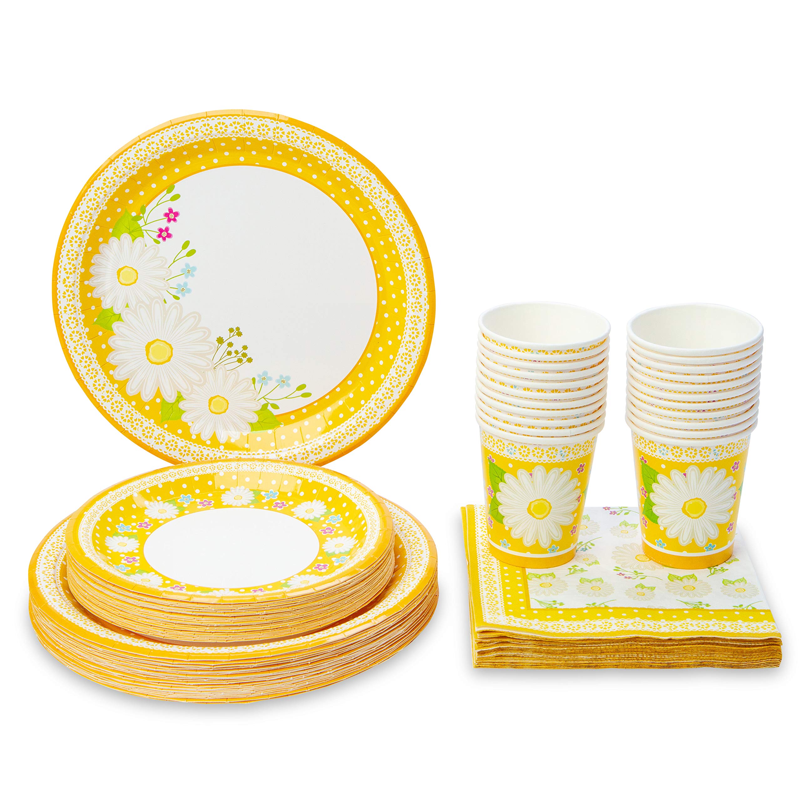 Royal Magnolia Floral Party Supplies Set of 24 Daisy Paper Plates (7 and 9 Inch), Paper