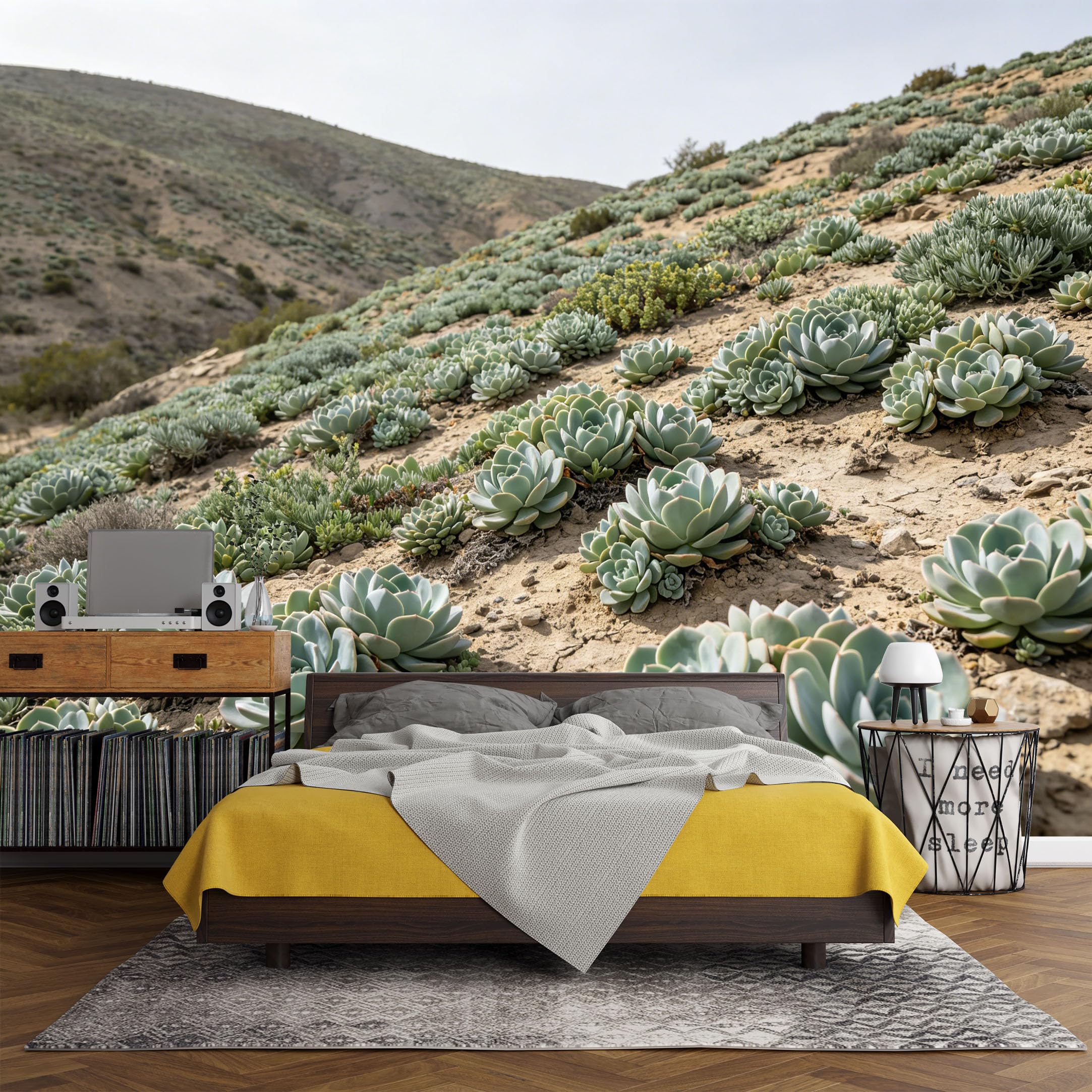 Custom Size Wall Mural， Desert Succulent Landscape Mountain Terrain Botanical Natural Scenery，SelfAdhesive Art Prints wall Fabric (No PVC) Removable Wallpaper Living Room Decor