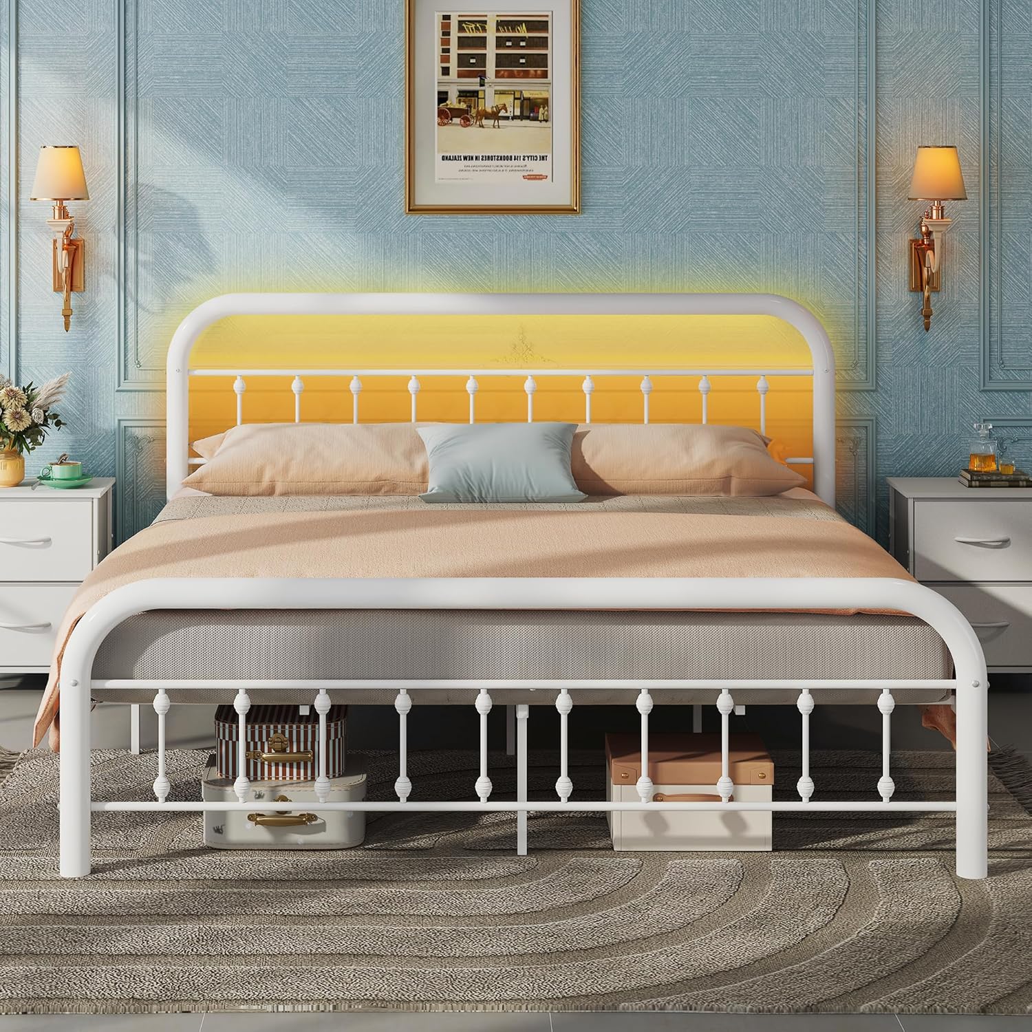 WLIVE Bed Frame King Size, King Size Bed Frame and Headboard, King Bed Frames with LED Lights and Charging Station,No Box Spring Required,Easy Assembly,White