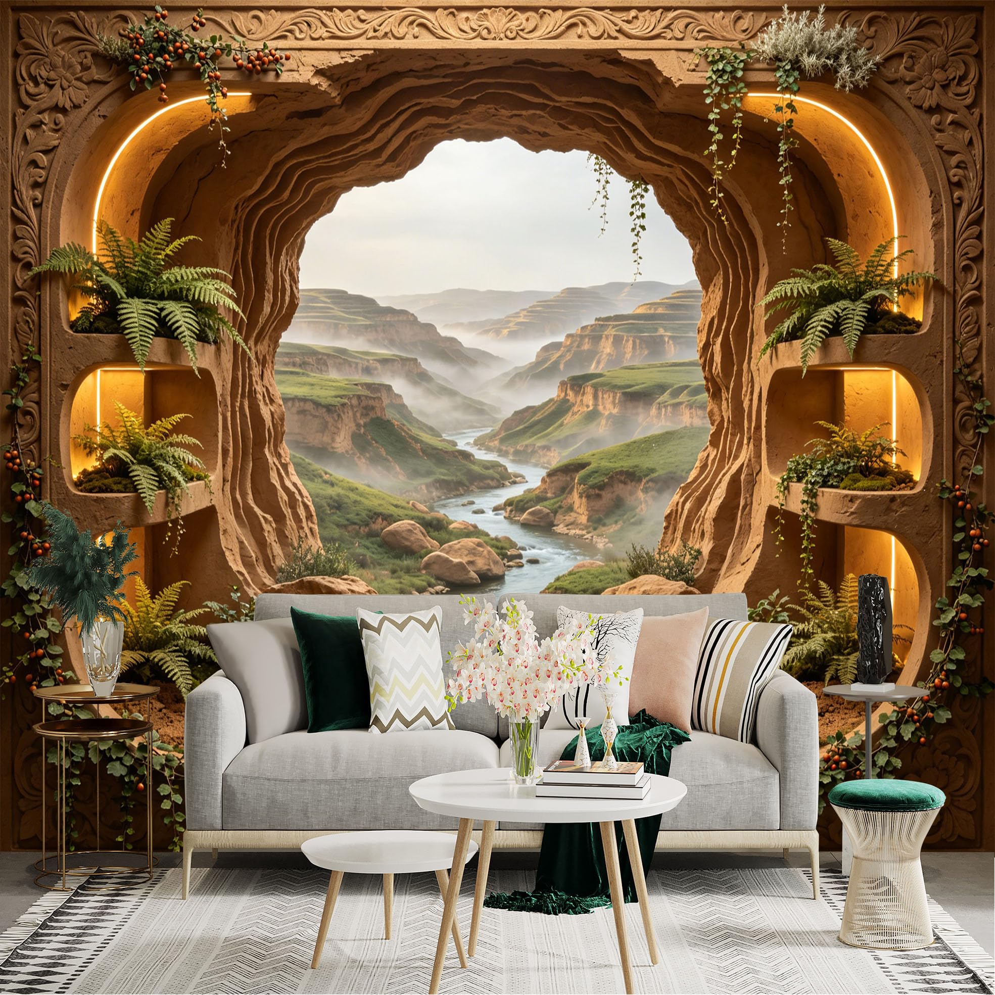 Custom Size Wall Sticker Mural， Scenic Canyon View with River， Natural Arch and Fern Plants， for wall Decoration， peelandstick wall Decals.
