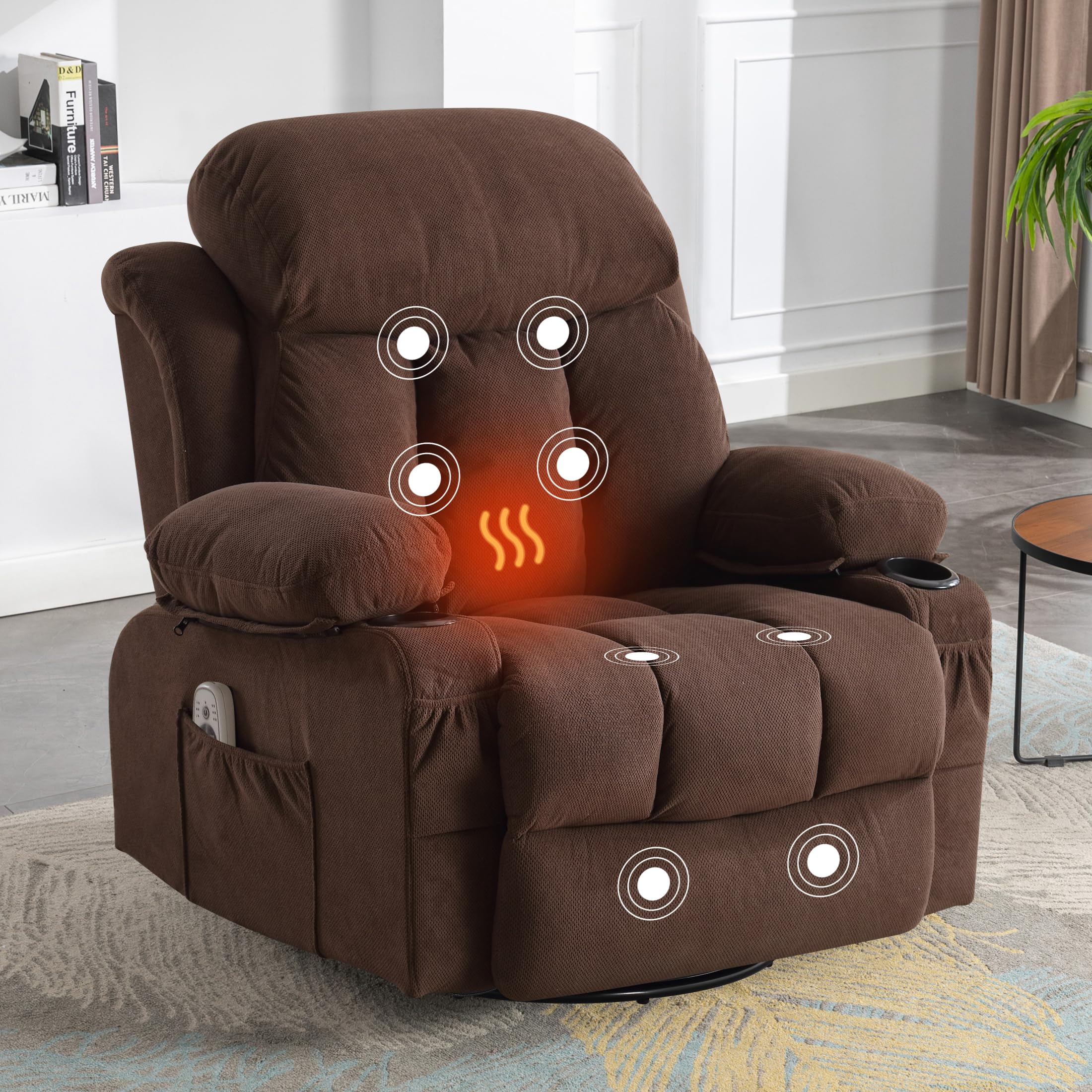 Massage Recliner Chair, Swivel and Rocking Recliner with Heat and Vibration, Breathable Fabric Ergonomic Single Sofa Chair for Living Room with Cup Holders, Side Pockets and USB (Brown)