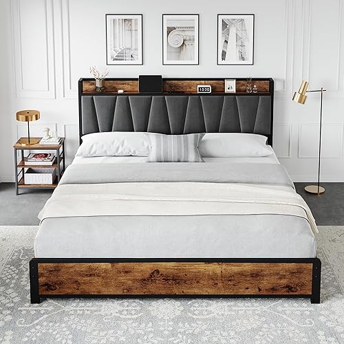 Miniatura 9 de IDEALHOUSE Base de cama de tamaño matrimonial con cabecera tapizada de lino de almacenamiento, plataforma de 4 cajones con estación de carga, no