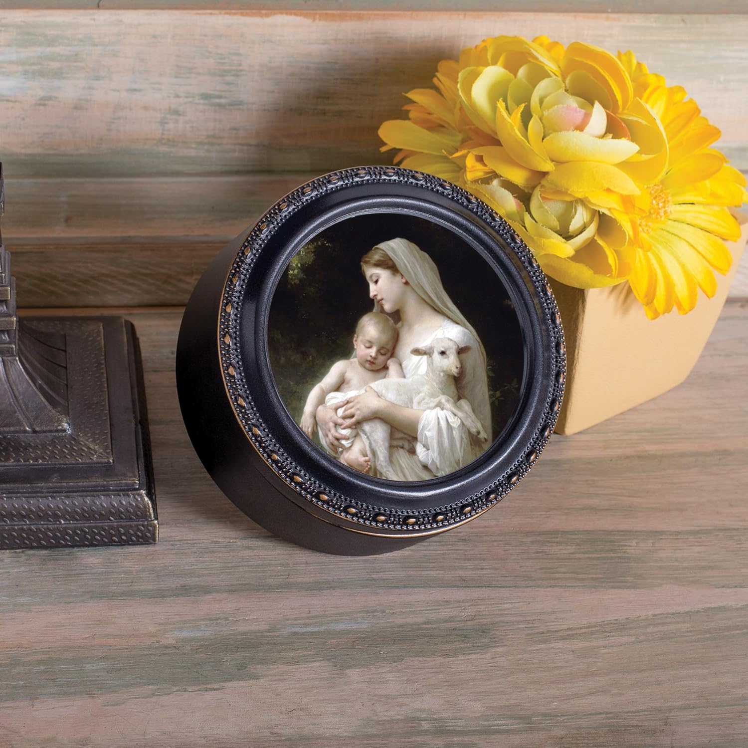 Cottage Garden Innocence Painting of Mary Black Rope Trim Petite Round Jewelry and Keepsake Box