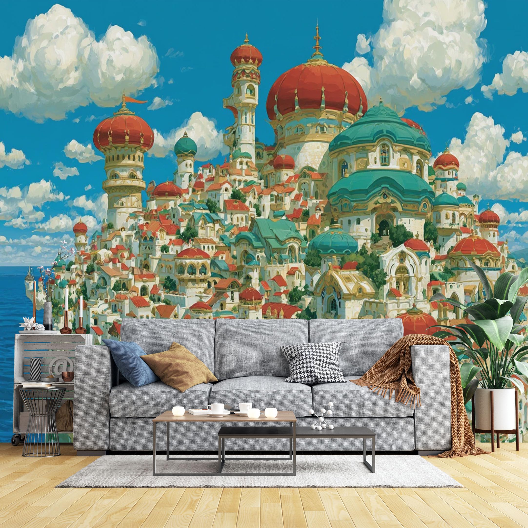 Custom Size Wall Murals Fantasy Coastal City Wall Murals Whimsical Architecture Wallpaper, Large Photo Wallpaper Self-Adhesive Removable Wallpaper for Living Room