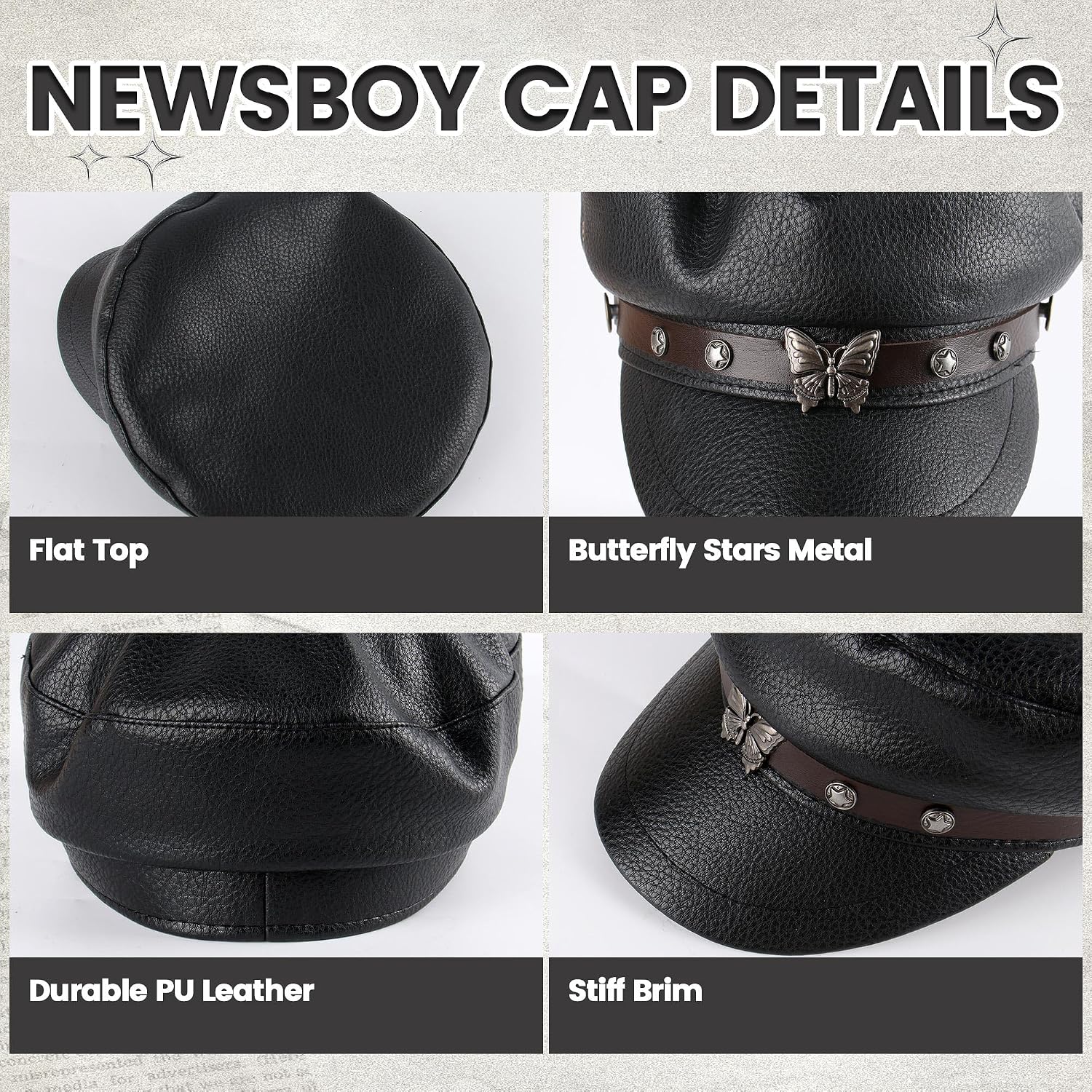 Ababalaya Leather Y2K Rock Punk Newsboy Cap Flat Top Hat image 2