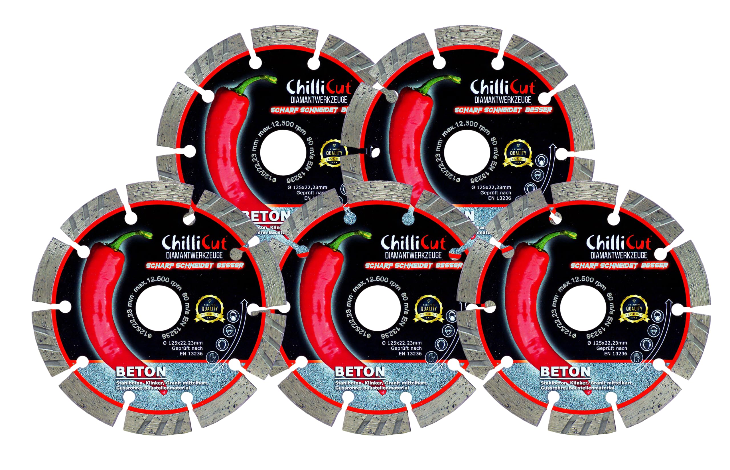 ChilliCut Diamanttrennscheibe CHILLI ROXX 5er Set Ø 125 mm | Profi-Diamantscheiben für Beton, Stahlbeton, Granit & Klinker | Turbo-Wechselsegmente | EN 13236