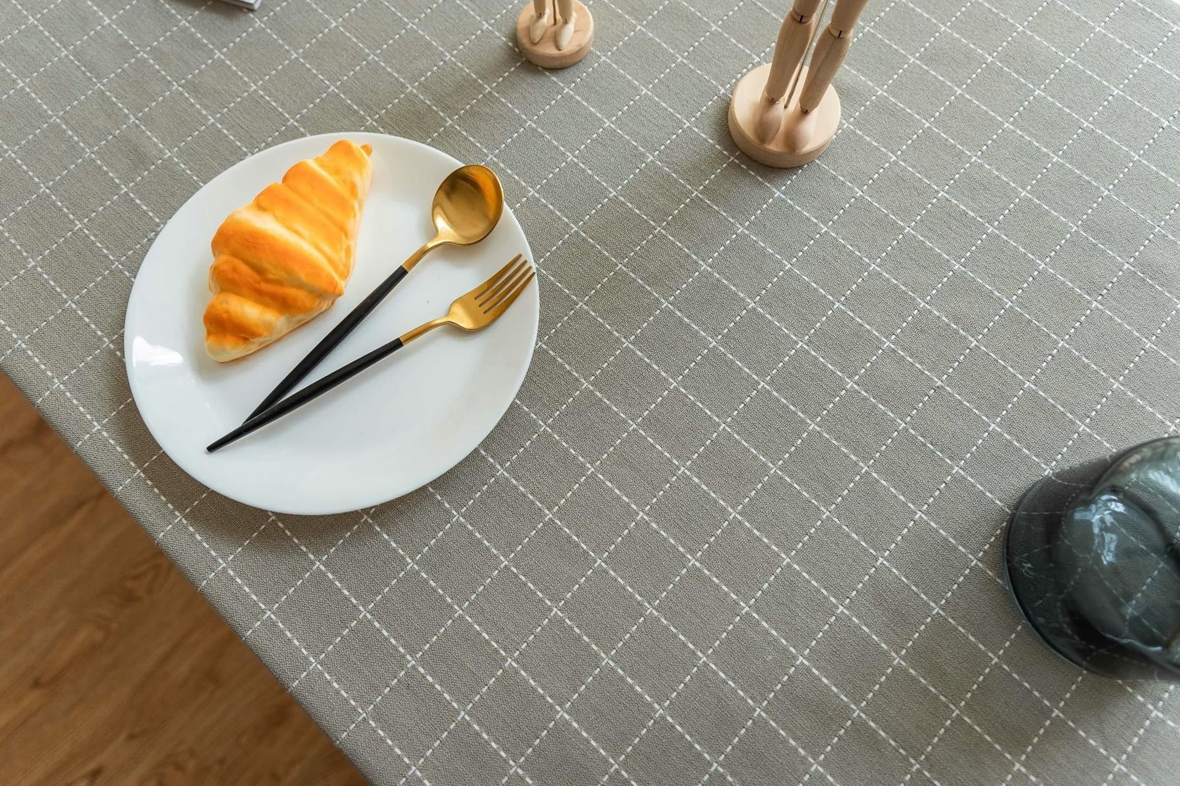 Tischdecke Abwaschbar Grau, Baumwollleinen Tablecloth Stickerei Kleines Karo Tischdecke Rechteck 110x170CM