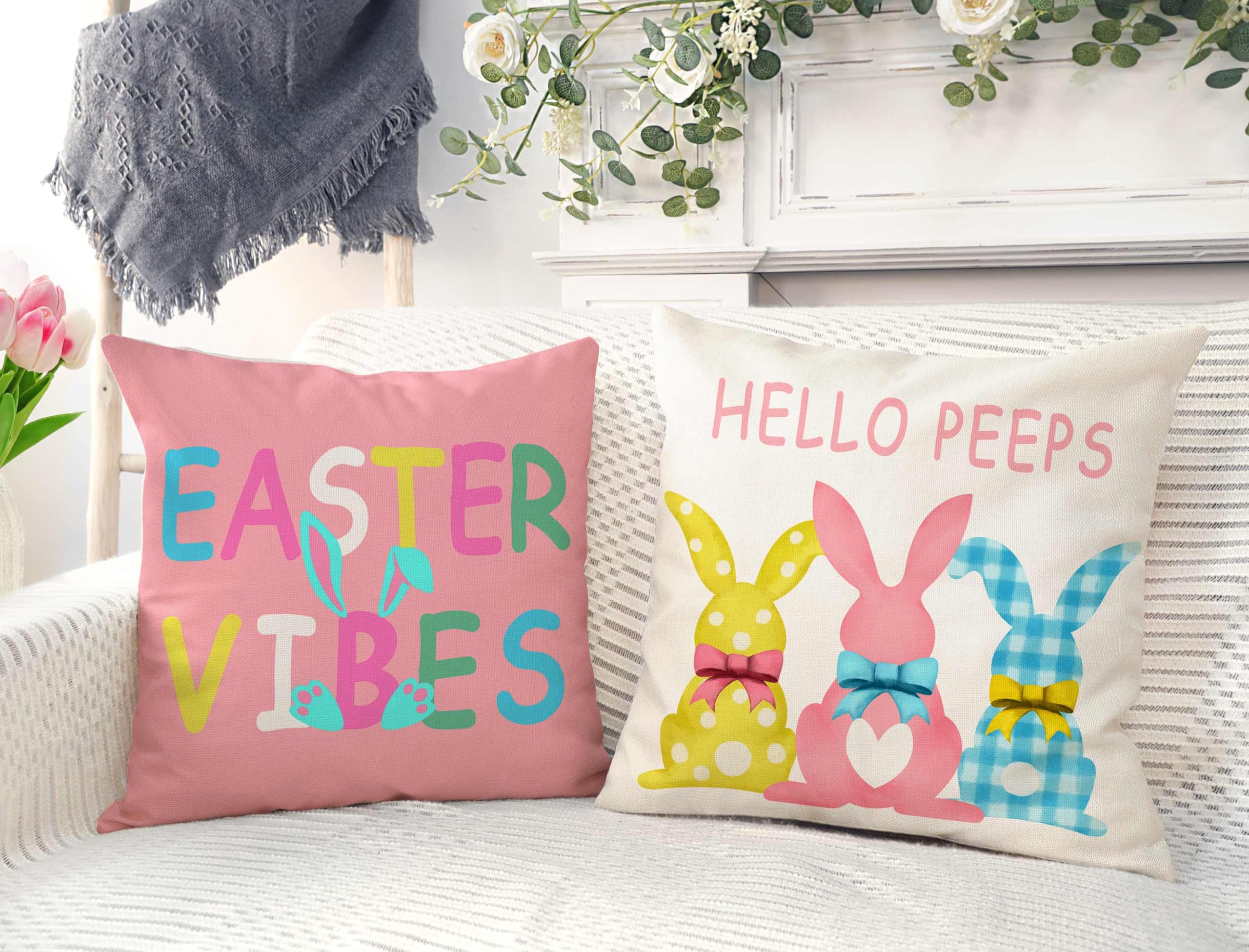 4TH Emotion Easter Throw Pillow Covers 18 x 18 Inch Set of 4, Hello Peeps Bunny Spring Farmhouse Holiday Colorful Cushion Case for Home Sofa Couch Decoration TH175 2