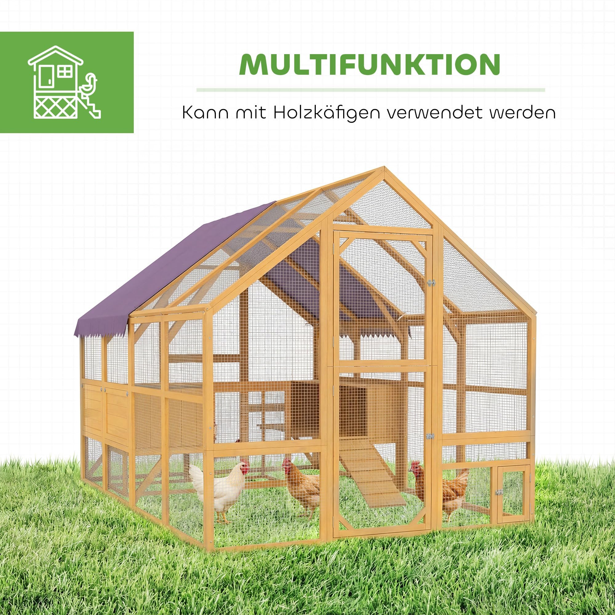 PawHut Hühnerstall 5,2m² ca. 2,8x1,8x1,9m Freilaufgehege Holz mit Freilauf Sicherheitsschloss Teilbare Tür 4 Nistkasten Dach Rampe begehbar Hühnergehege Vogelkäfig für 8-12 Hühner Kaninchen Ente