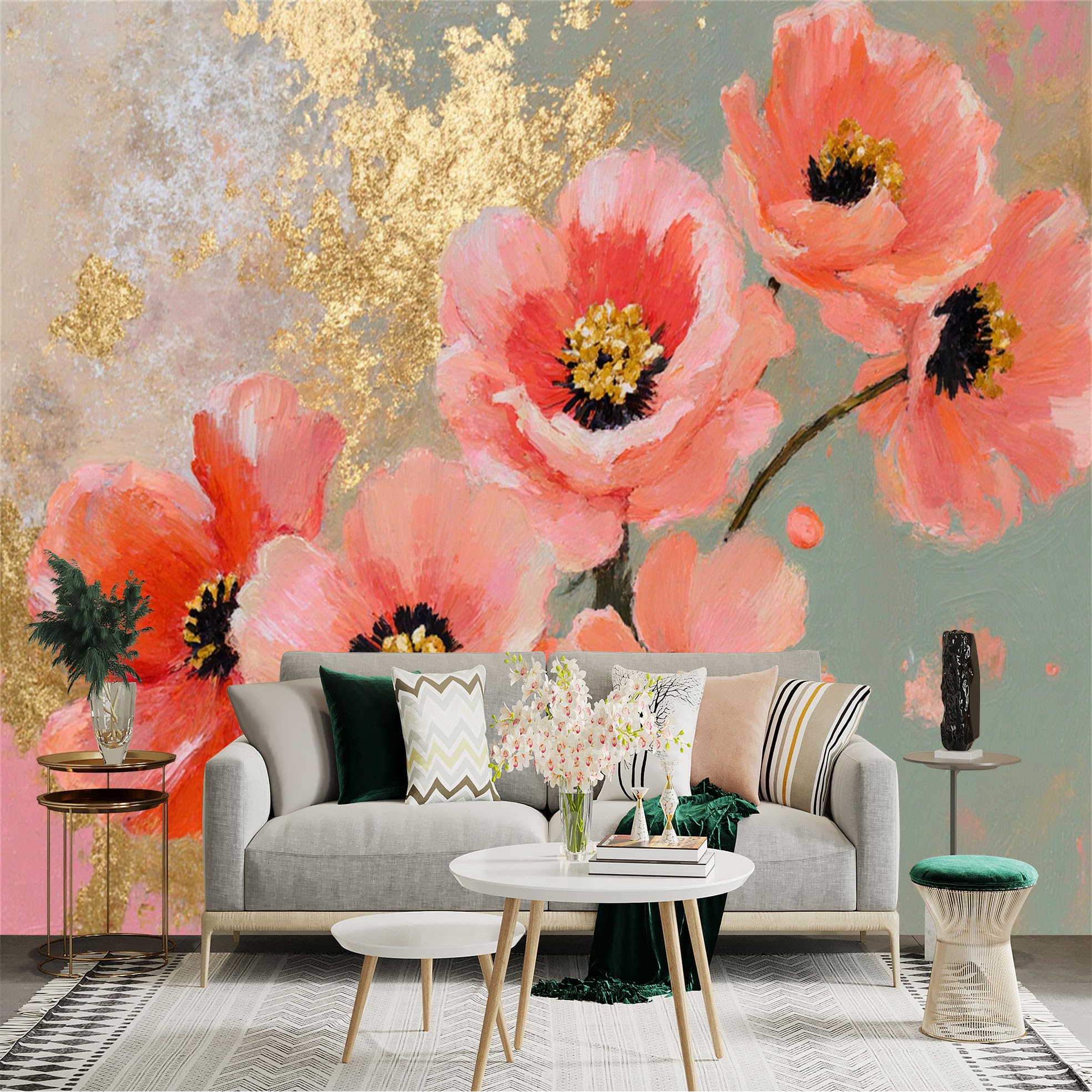 Custom Size Wall Sticker Mural， Abstract Pink Floral Art， Golden Textured Background， Modern Botanical Painting， for wall Decoration， peelandstick wall Decals.
