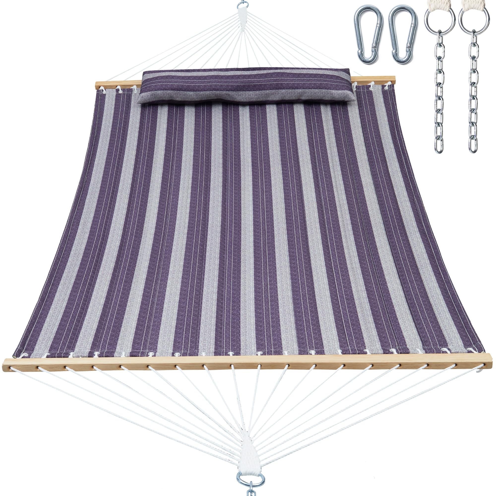 Double Quilted Fabric Hammock with Spreader Bar, 14ft Hammocks 2 Person for Outside, Fits 12ft -14ft Hammock Stand, Large Pillow & Side Pockets & Carabiners, Max 475 lbs Capacity (Mountainside)