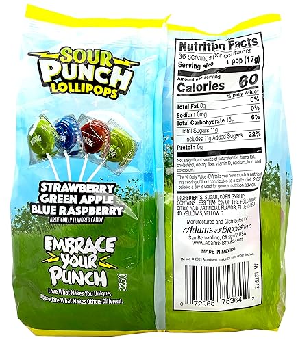 Miniatura 2 de Adams & Brooks, Inc. Sour Punch Lollipops Sour Fruit Flavors Strawberry, Green Apple, Blue Raspberry Sour Lollipops, Sour Punch Pops envueltas