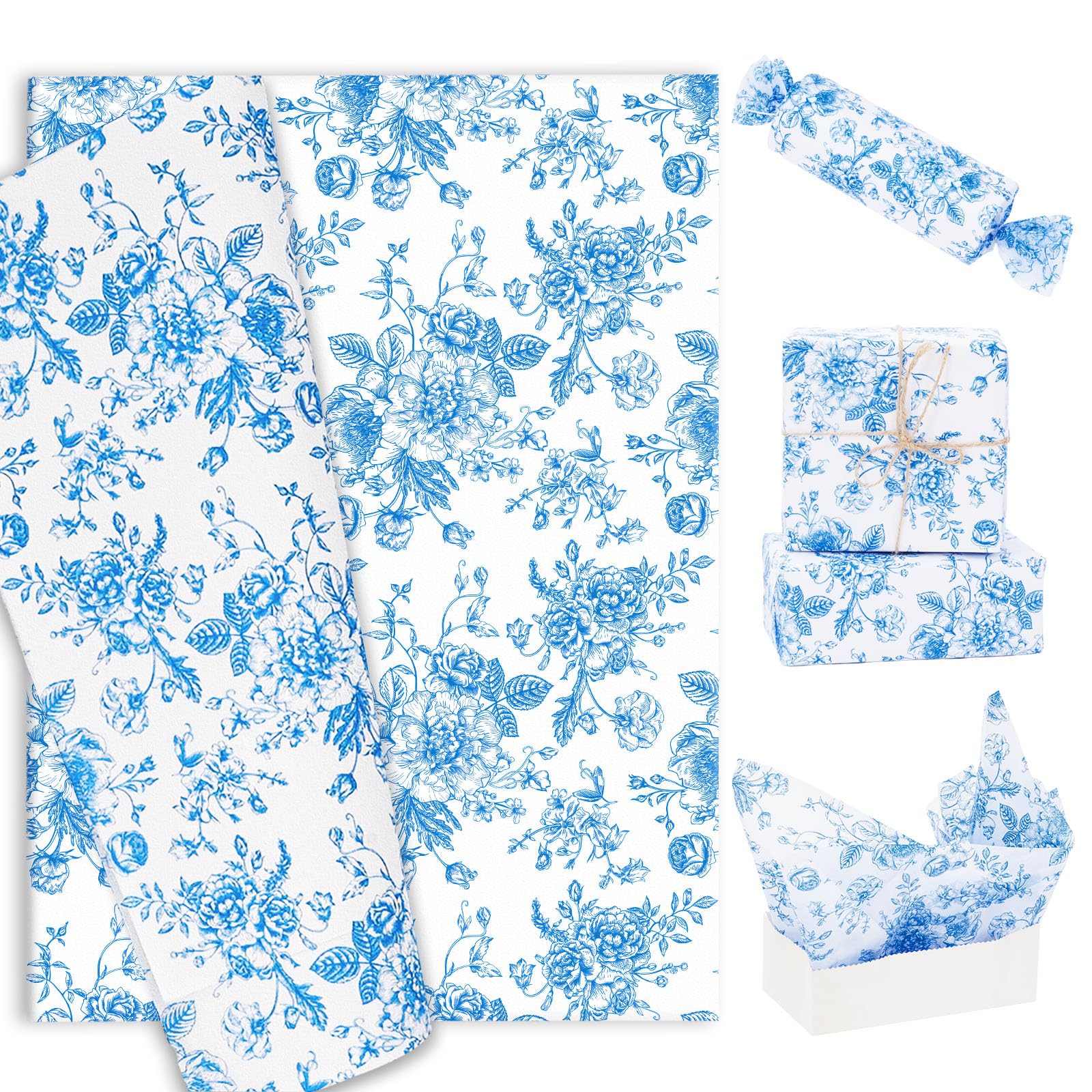 AnyDesign 100 Sheet Blue Floral Tissue Paper Chinoiserie Gift Wrapping Paper Vintage Blue White Flower Packaging Paper DIY Art Craft Paper for Baby Shower Birthday Wedding Party Decor, 14 x 20 Inch