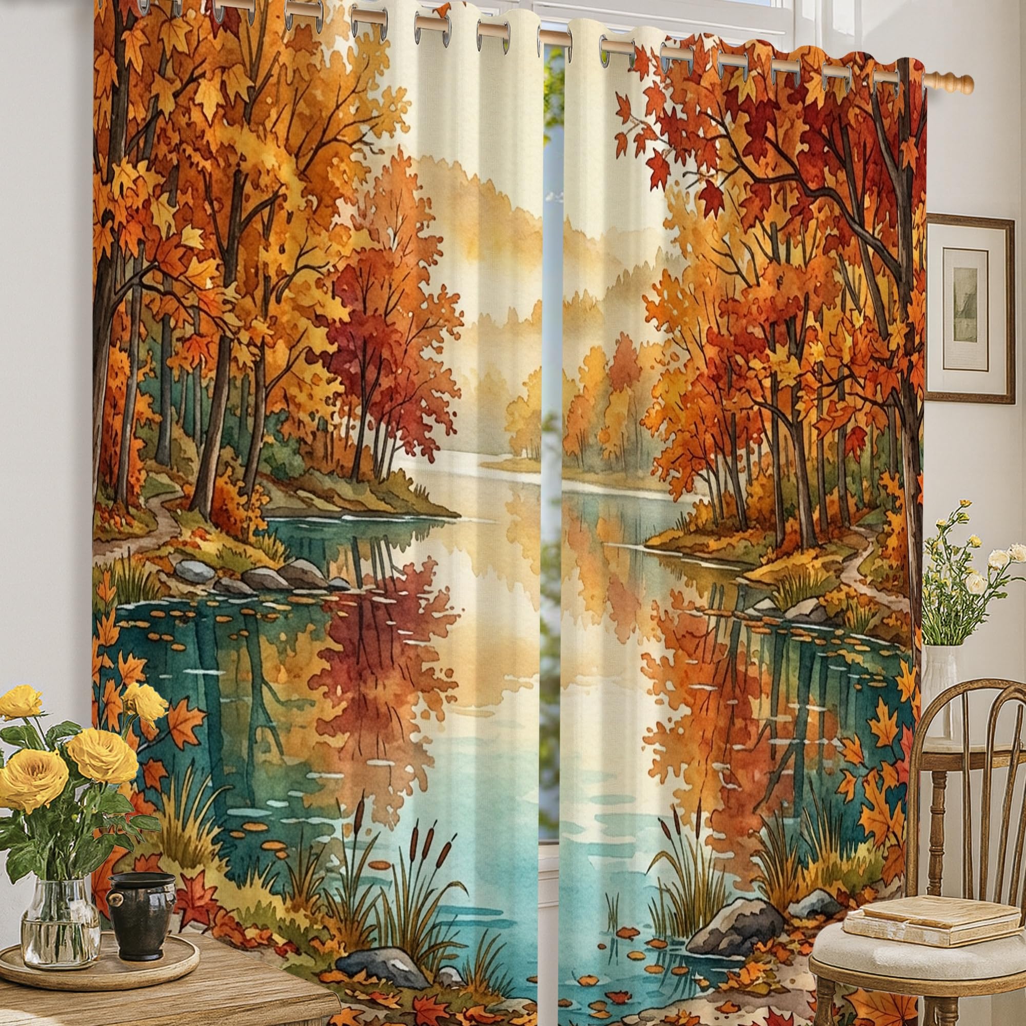 Rideaux occultants rustiques orange motif arbres de 132 x 183 cm pour fenêtre de chambre