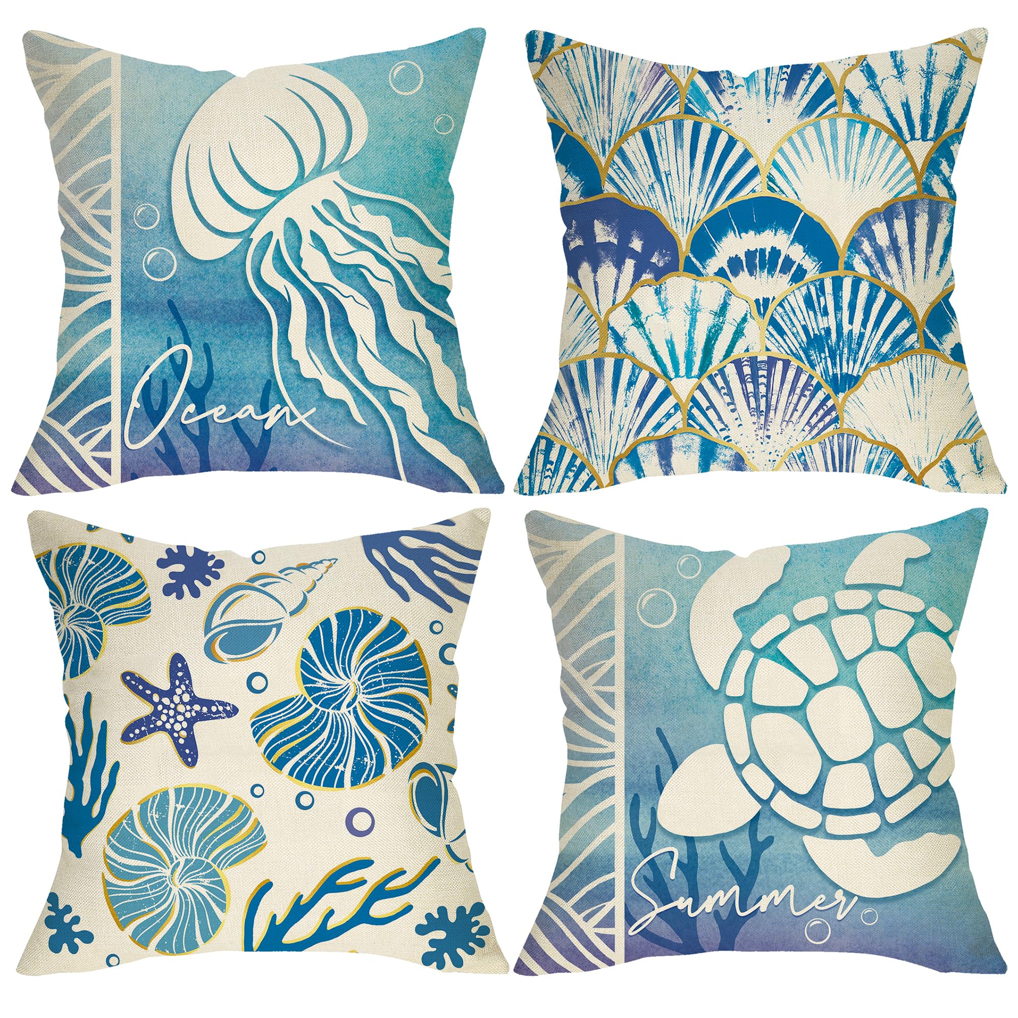 Summer Ocean Blue Decorative Throw Pillow Covers 18 x 18 Set of 4, Coastal Jellyfish Sea Turtle Shell Conch Porch Outdoor Home Decor, Beach Nautical Starfish Coral Seasonal Couch Cushion Case