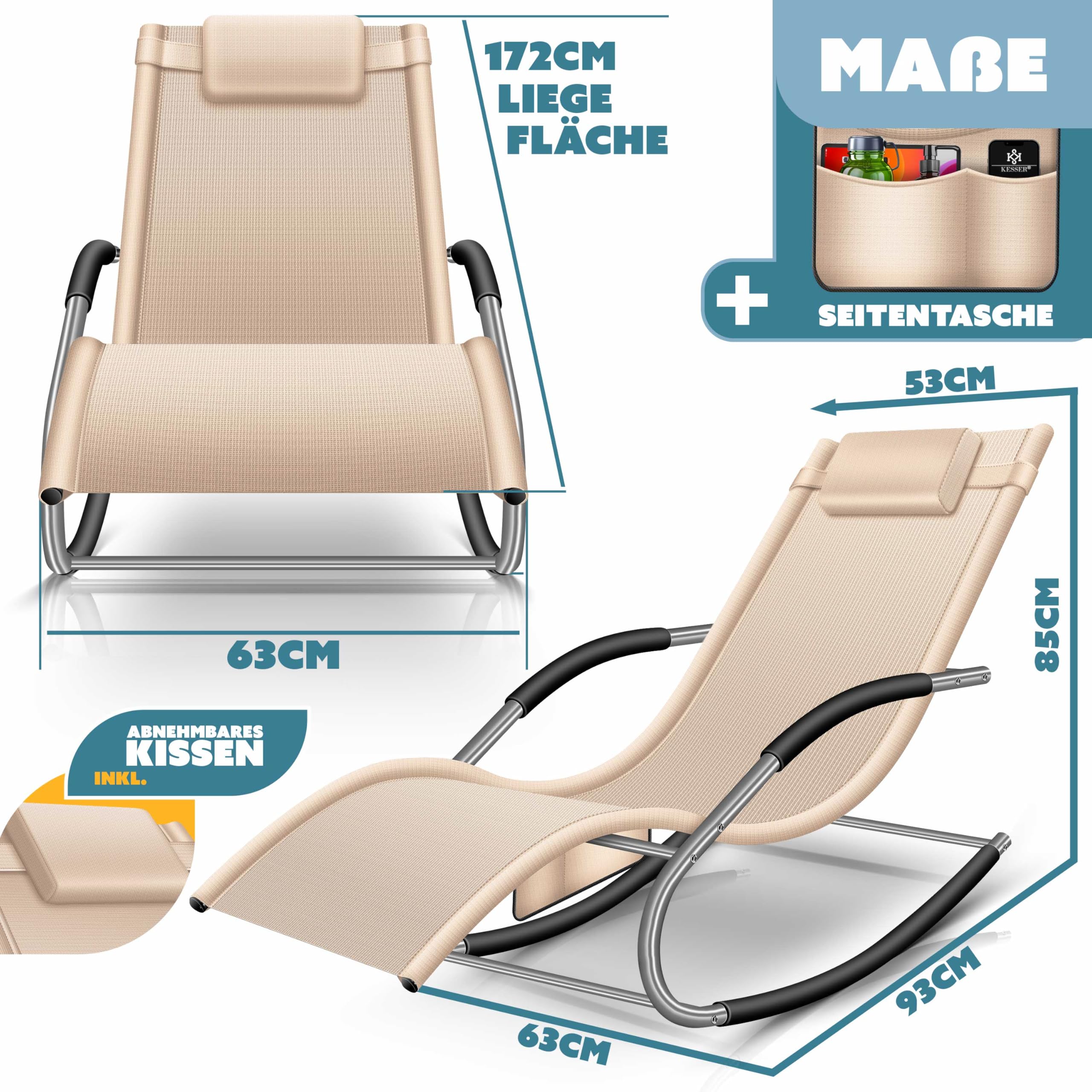 KESSER® Lettino da sole e da relax | Lettino a dondolo e da giardino | Sedia pieghevole e a sdraio | Poltrona a dondolo con seduta reclinabile ergonomica