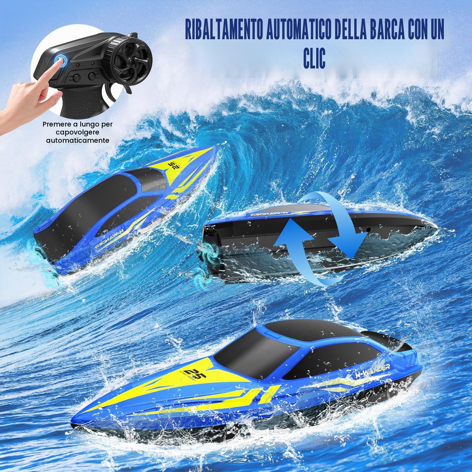 WUQNGI Barca Telecomandata Professionale con Telecomando 2.4GHz, Motoscafo Radiocomandato LED per Bambini e Adulti, RC Boat Barchetta Alta Velocità, 2 Batterie per 120 Min, Regalo per Piscine e Laghi